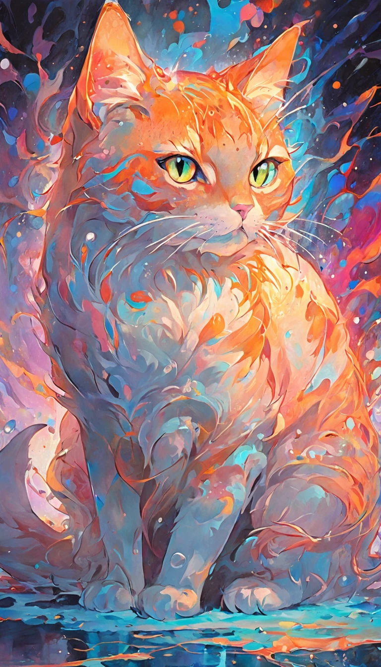 Illustration of an extremely beautiful cat in contemporary figurative diconstruction art, delicate hues, tiny BUBBLES, transmission fluid,oil,triadic alcohol ink marbling, acrylic DUTCH pour painting style by artist Carol Cavalaris ,Tara Turner, Marieka Diepenveen , contrasting hard lines with soft features and mixed emotions., by artist Jason Thielke, fine art, masterpiece,
