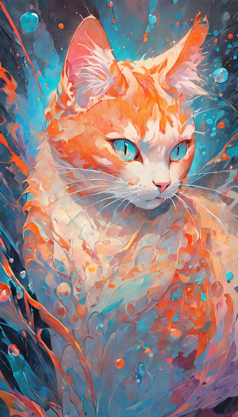 Illustration of an extremely beautiful cat in contemporary figurative diconstruction art, delicate hues, tiny BUBBLES, transmission fluid,oil,triadic alcohol ink marbling, acrylic DUTCH pour painting style by artist Carol Cavalaris ,Tara Turner, Marieka Diepenveen , contrasting hard lines with soft features and mixed emotions., by artist Jason Thielke, fine art, masterpiece,