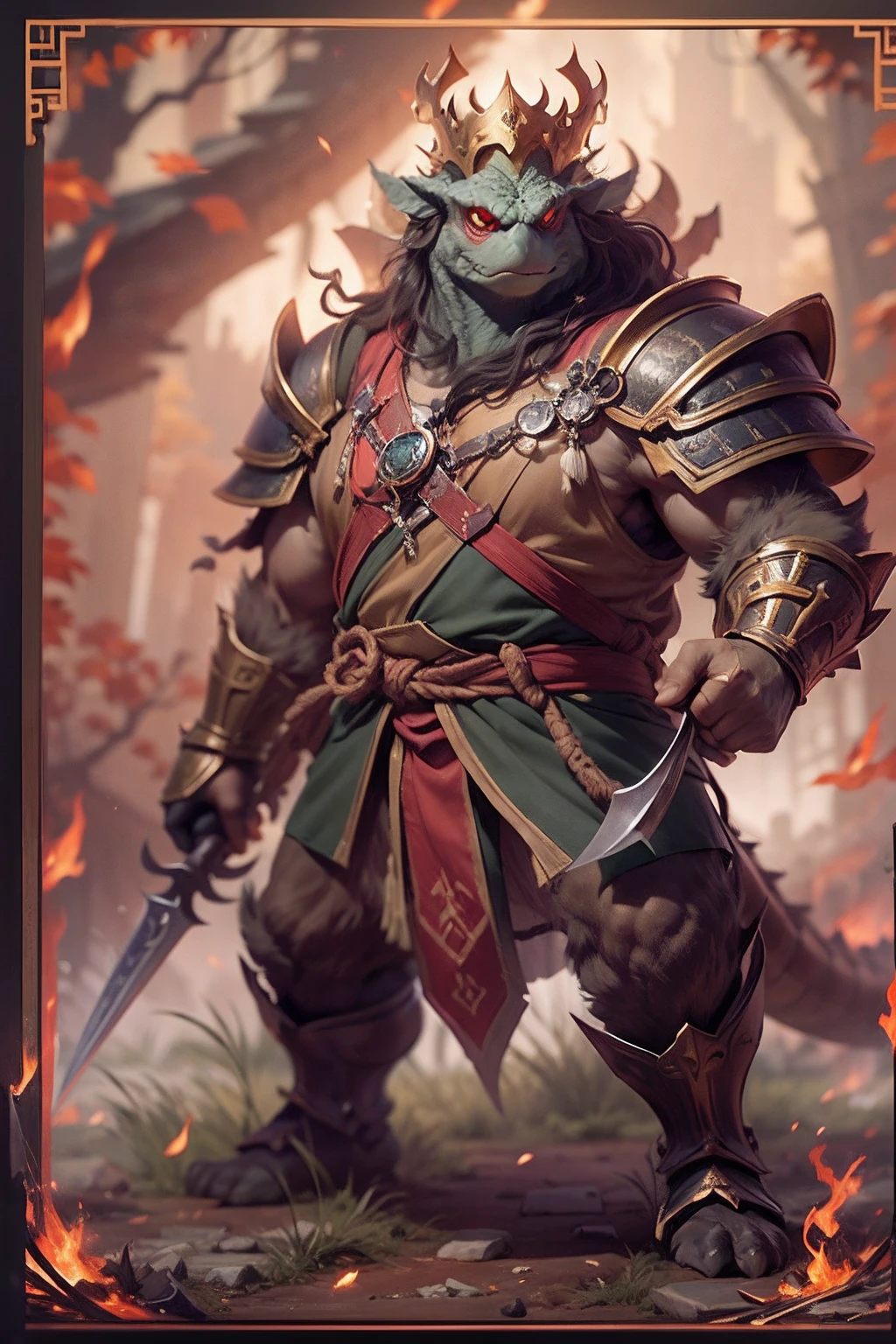 (anthropomorphic turtle),(Dragon King Warrior:1.4),coda,a tall body,Stout limbs,disdain,ran,tosen,The long hairs of the flame fluttered in the wind,combats,Dynamic lines,Dimly lit battlefield,Ruined castle,(stereoscopic perspective:1.4),Works of masters,super-fine,4K分辨率,high qulity,电影灯光,High picture detail,Detailed pubic hair,Epic shooting,Clearly focused hair,Detailed hair depiction,acurate