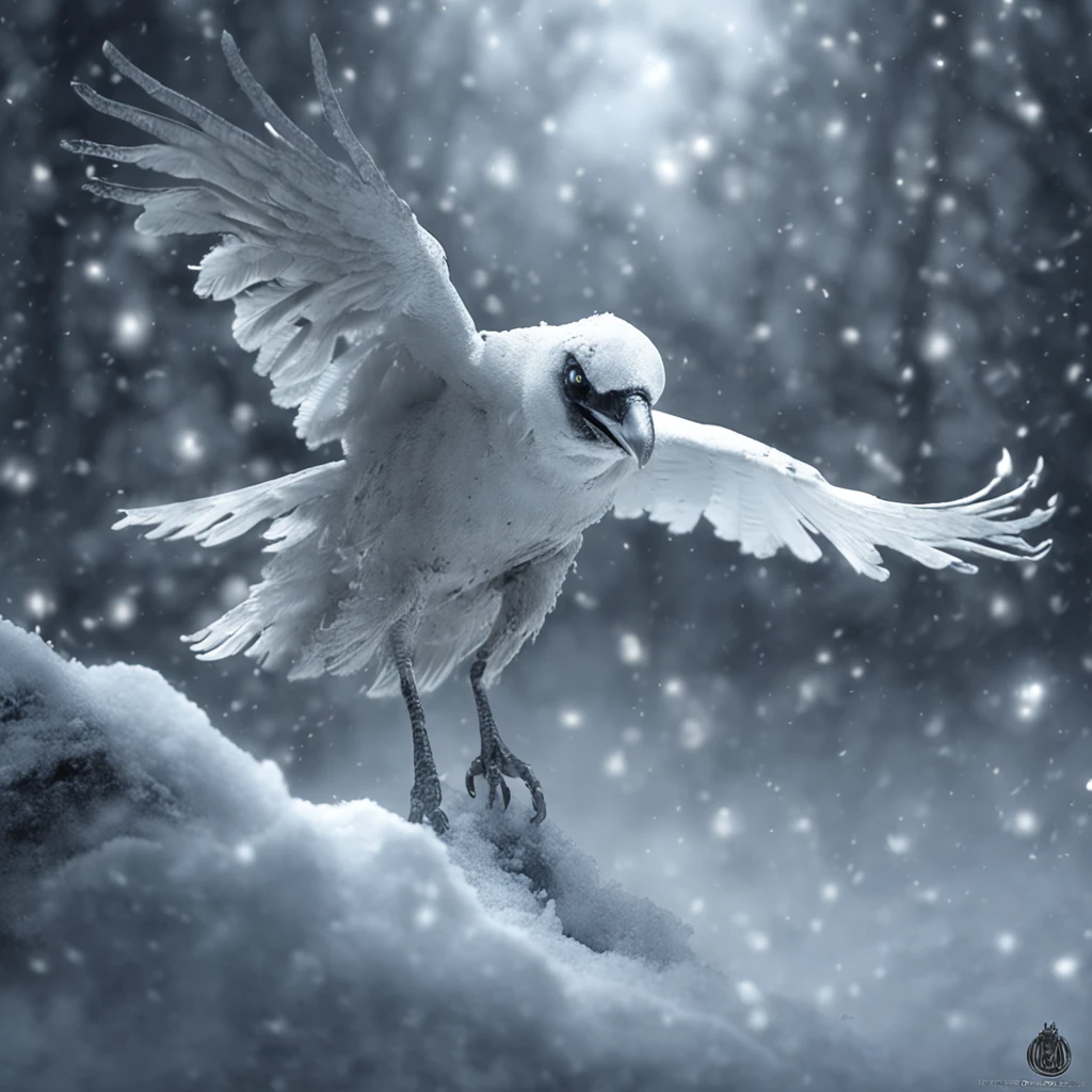 Best quality, Masterpiece, hundreds of frost white raven flies to a pillar, snow land, high resolution, (photograph realistic:1.4), surrealism, Dream-like,fusionart, Shadowdancer, shadow magic, darkness control, stealth, shadowstep, umbral spells, hidden blade,