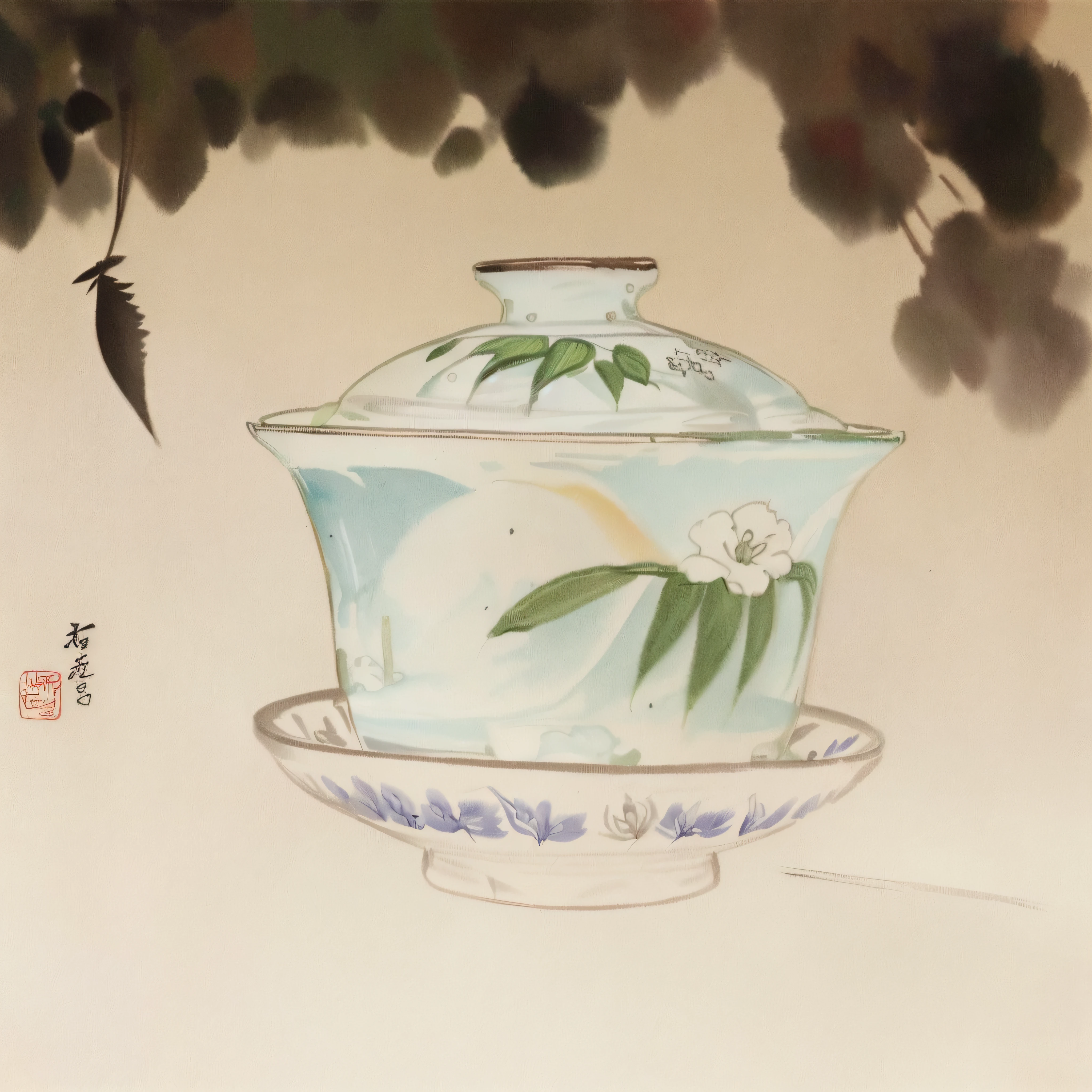 Draw a bowl with a lid and a flower, inspired by Huang Tingjian, inspired by Xie Shichen, inspired by Shen Shichong, inspired by Wang Jian, inspired by Wang Lü, inspired by Xia Gui, inspired by Gu An, Inspired by Guo Xi, inspired by Qian Gu, inspired by Dong Yuan