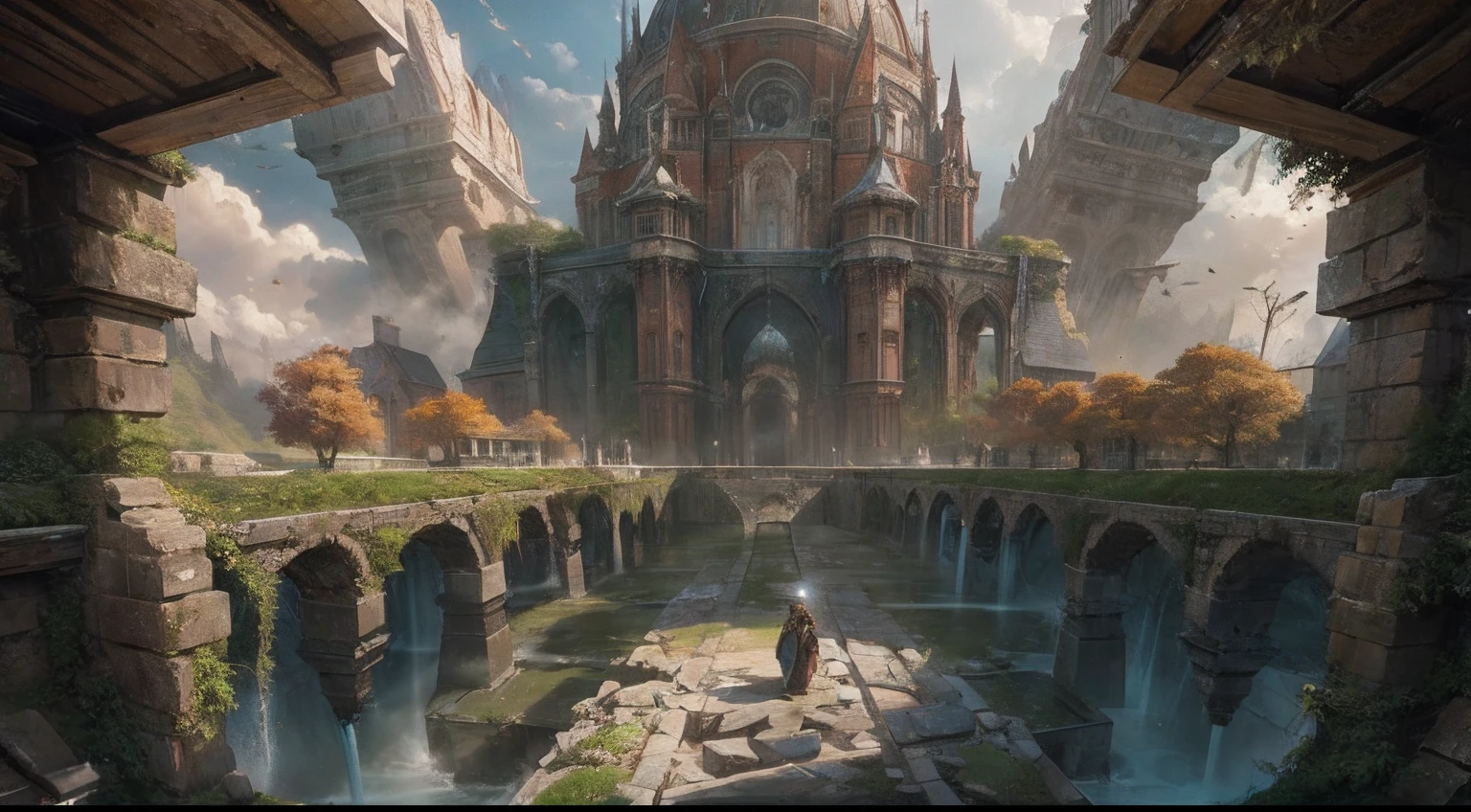 "(by Greg Rutkowski: 1.2), (masterpiece), (best quality), extremely delicate and beautiful, illustration, (fantasy landscape), depth of field, HDR, intricate, delicate, (No human presence), photorealistic depiction, live action feel, creating a visual masterpiece with the best possible quality. (Highlighting the fantastic elements of dwarven city, emphasizing the effects of collapse and severe weathering). Providing a distant view that captures the grandeur and atmosphere."