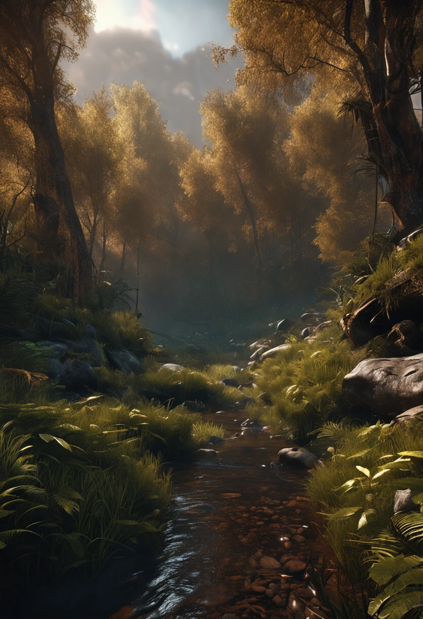 ln the forest，small stream，great outdoors，fog atmosphere，Realistic and realistic，wide angles