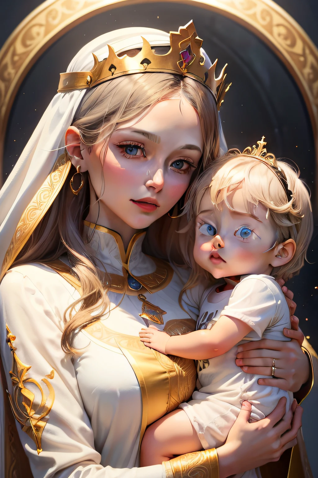A strong slende sexy knight on light armor and magic particles around her holding her 3 years old cute baby boy and cuddling her son nose to nose very cutely