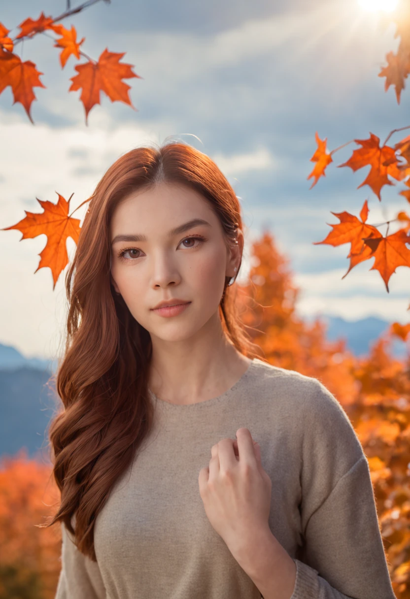 (beautiful skyline, magnificent sky), (dramatic and dramatic graphics, moving visuals), (hanging north star, colorful natural light), (an 18-year-old beautiful girl, bust), (casual dress, with backpack), (Canadian orange maple leaf mountain background))