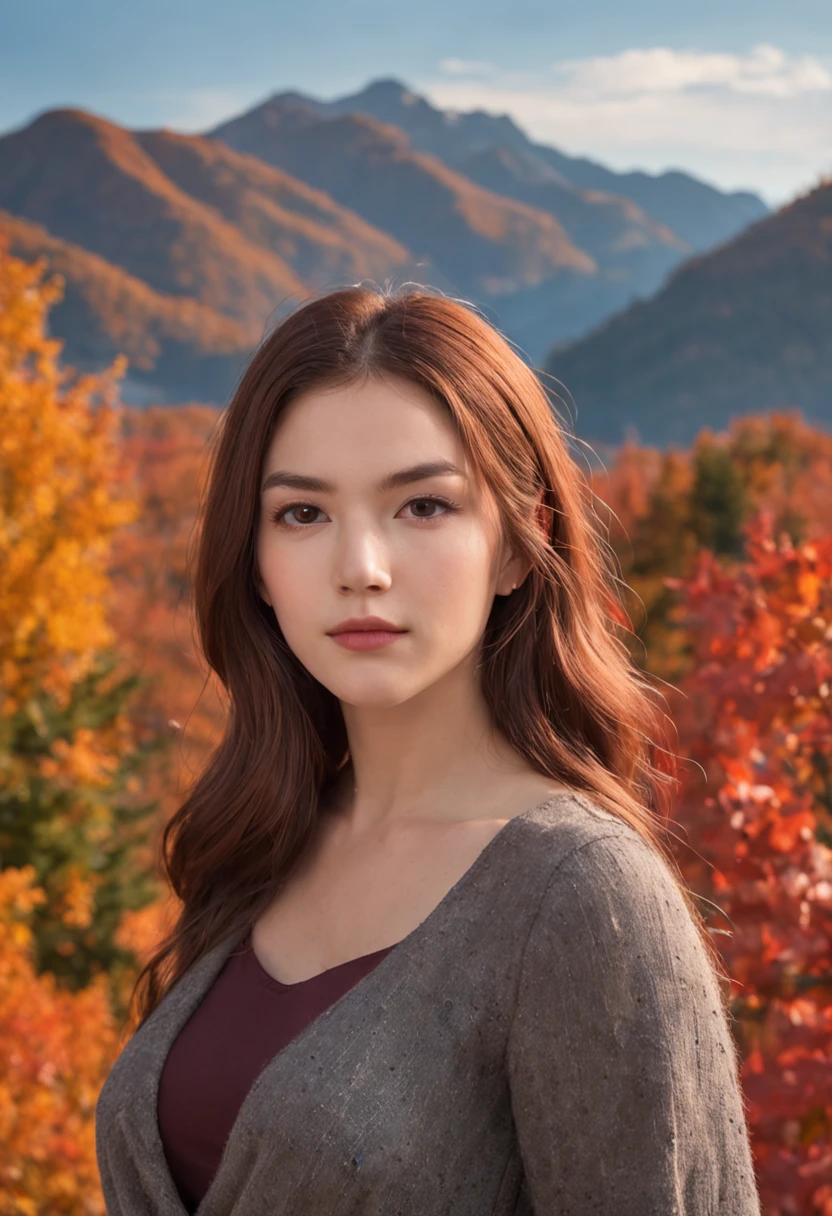 (beautiful skyline, magnificent sky), (dramatic and dramatic graphics, moving visuals), (hanging north star, colorful natural light), (an 18-year-old beautiful girl, bust), (casual dress, with backpack), (Canadian orange maple leaf mountain background))