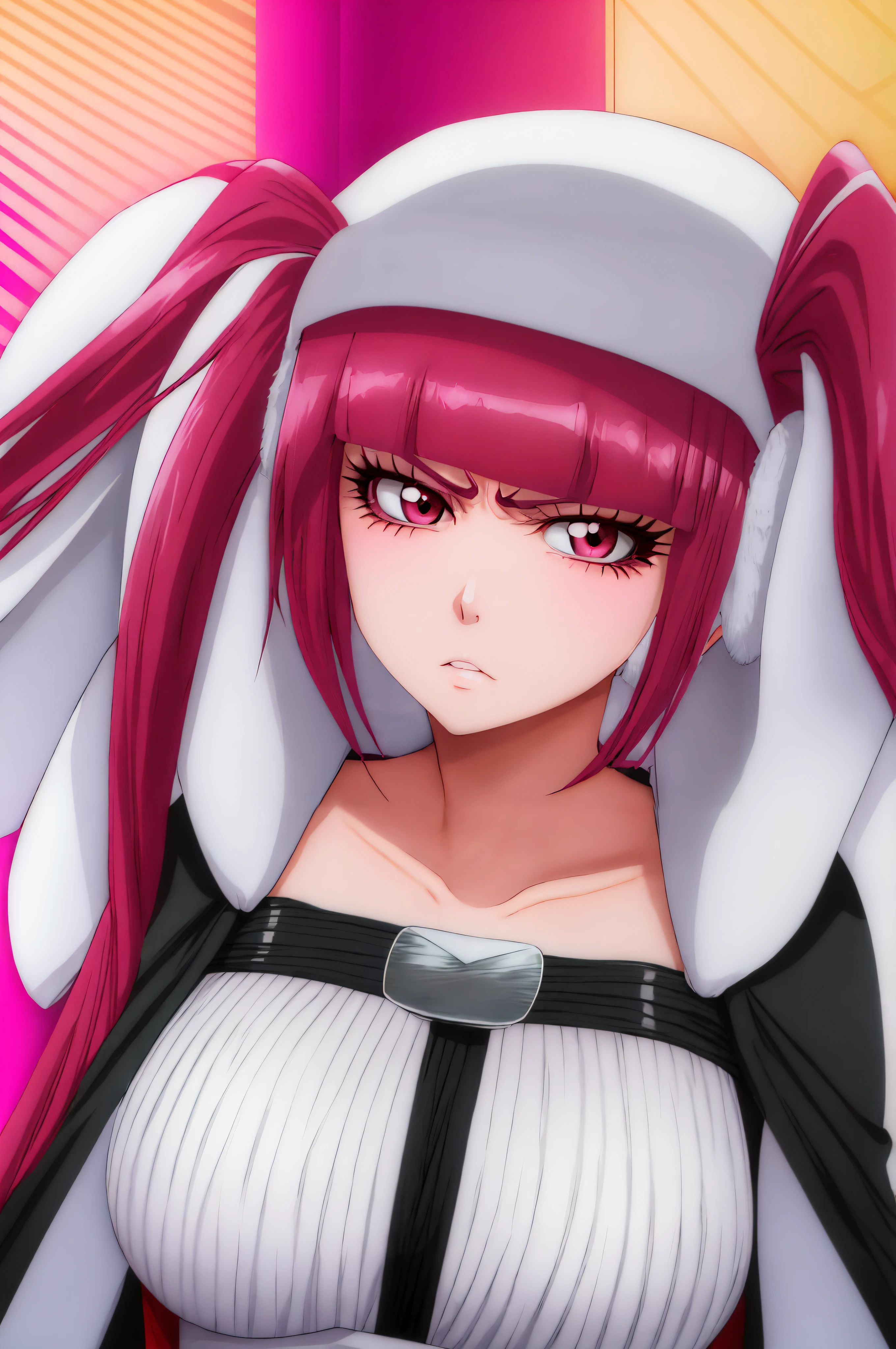 Riruka a mature woman is looking up at you with a angry look while blushing. Her hair put up in twintails. from above, face focus