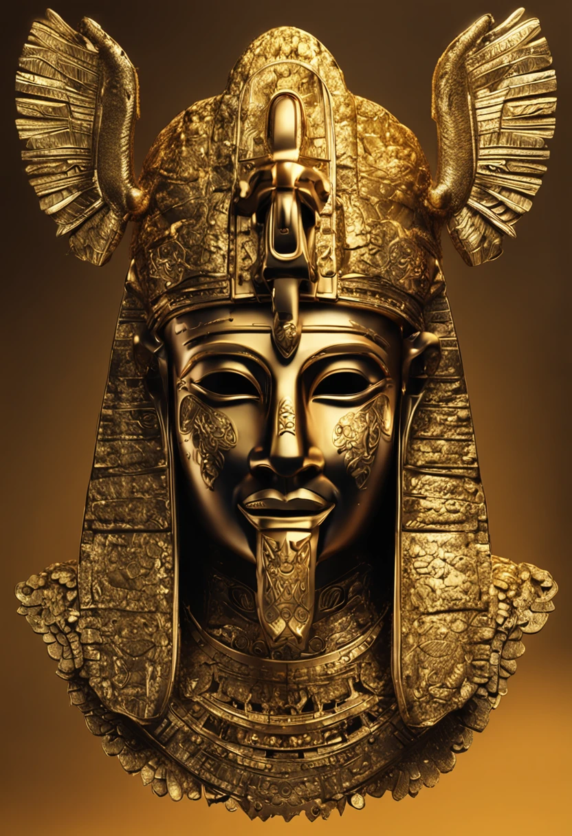 a closeup of a golden mask on a black background, egyptian, egyptianrista, Mask of egypt god, egyptian mask, rosto intrincado, tribal mask, Estilo egyptianrista, dmt ego da morte, egyptian, detailed symmetrical face, intrincado rosto detalhado, حورس ,سيت o iPad, symmetical face, Enigmatic!!, intricate mask, dmt deus