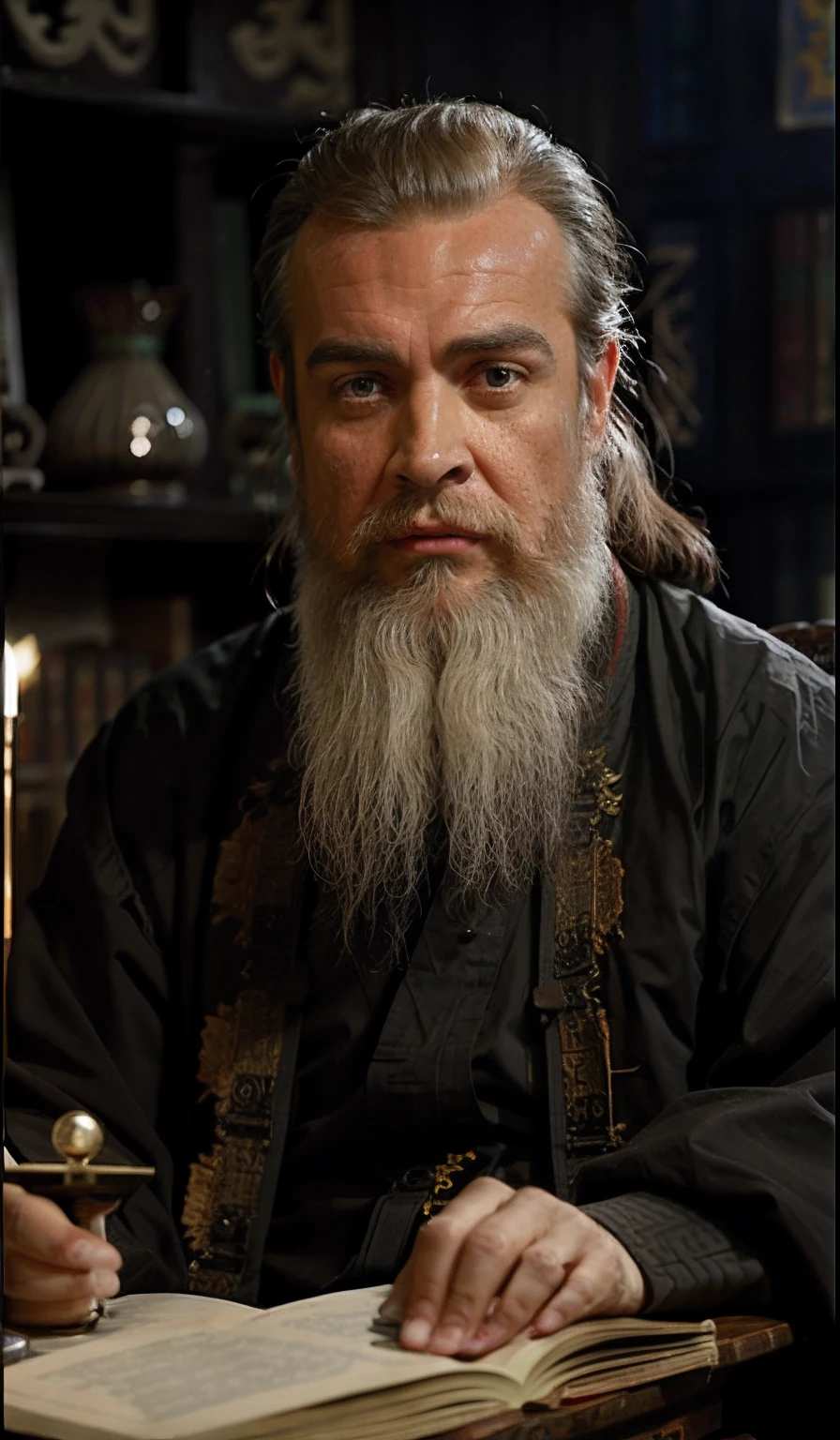 with a long beard,The white-bearded Arafeld man sat at the table, inspired by Wu Daozi, Inspired by Hu Zaobin, Taoist master, inspired by Dong Yuan, Taoist, inspired by Wu Bin, inspired by Zhang Sengyao, inspired by Wu Li, inspired by Zhang Wo, inspired by Wu Hong, inspired by Li Cheng