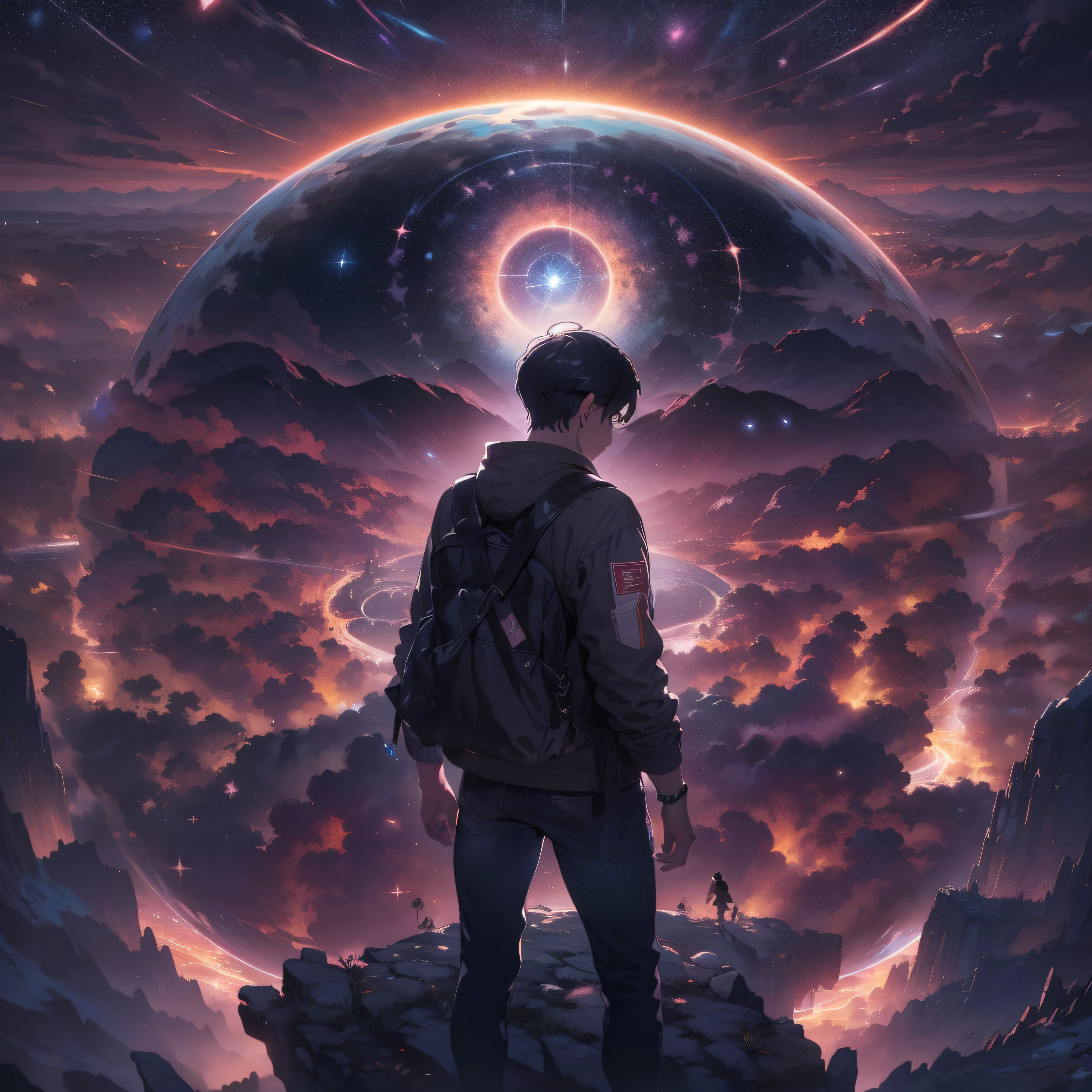 ((Best Quality, 8K, Masterpiece)), landscape, closed eyes, young man with black hair, black jeans, amazing scenery, hundreds of stars forming a circle, center of cyborg city, futures, bring magic power in hands, the edge of the world, outstanding art, reflection, eye catching.