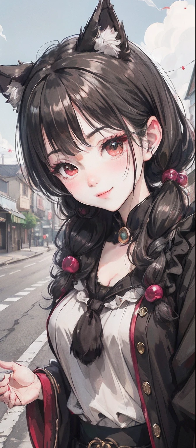 black hair, hair bobbles, wince, longeyelashes, solid circle eyes, fake animal ears, light smile, ear blush, fang, Surrealism, drop shadow, anaglyph, stereogram, tachi-e, pov, atmospheric perspective, 8k, super detail, ccurate, best quality