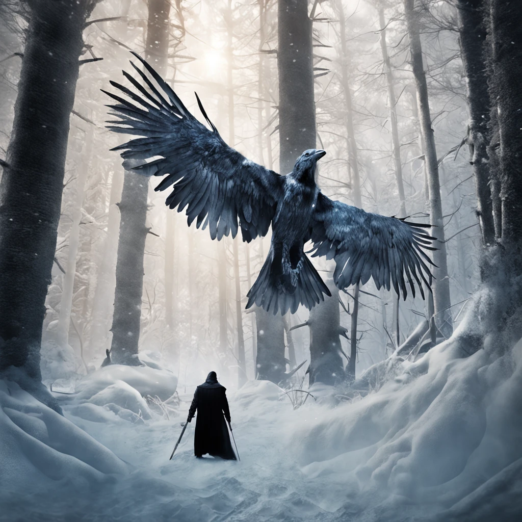 (distant view)Best quality, Masterpiece, hundreds of frost white ravens flies to a pillar, snow land, high resolution, (photograph realistic:1.4), surrealism, Dream-like,fusionart, Shadowdancer, shadow magic, darkness control, stealth, shadowstep, umbral spells, hidden blade,