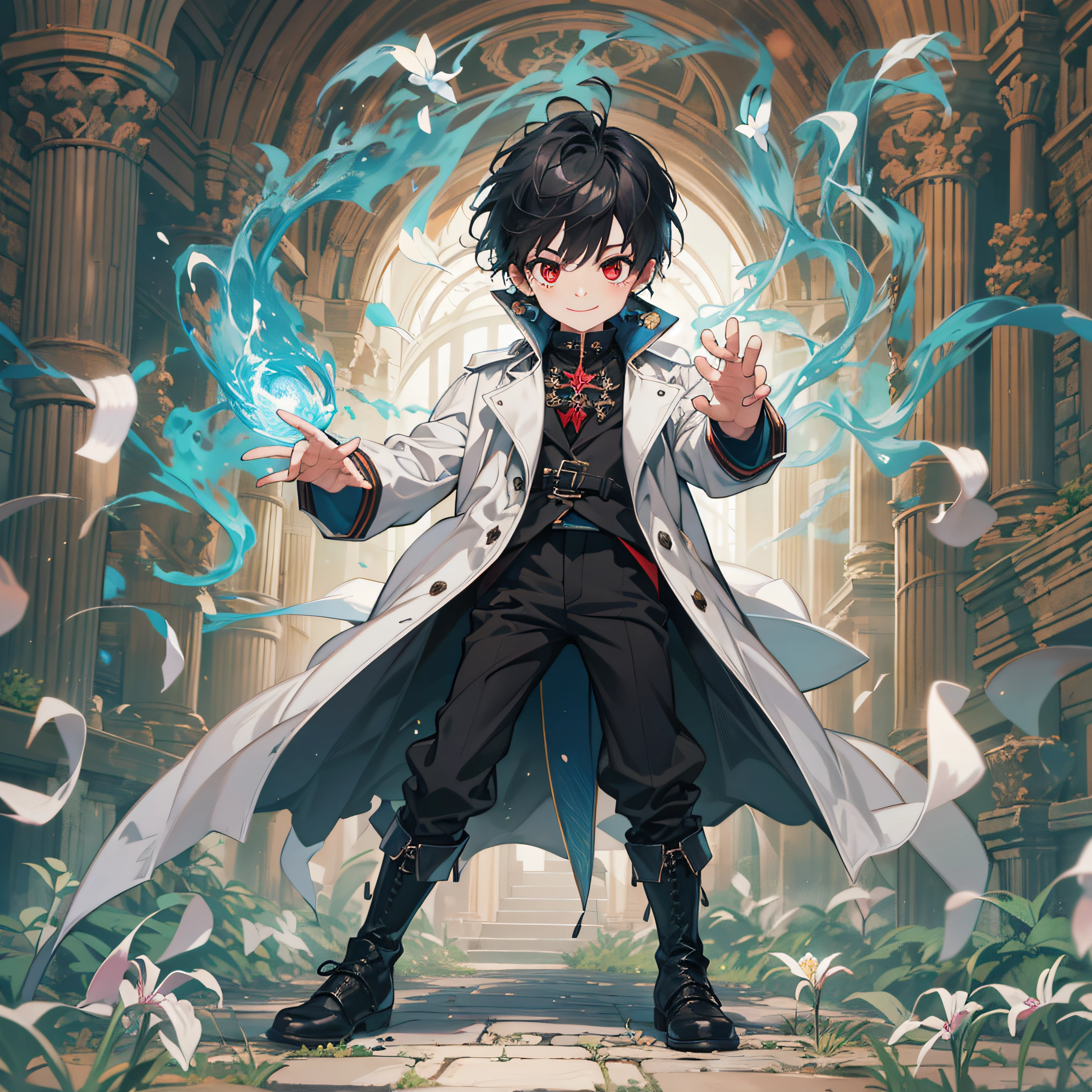 (Ridiculous, High Resolution), (Panorama), Little Boy, Red Eyes, Short Hair, Black Hair, Smile, White Underwear, Black Trench Coat, Black Pants, Black Boots, (White Magic Streamer for Hands), Ancient Magic, Elegance, Medieval Style, Magic Bloom, (Blue Magic Array Under Feet), Daytime, Antique Style.