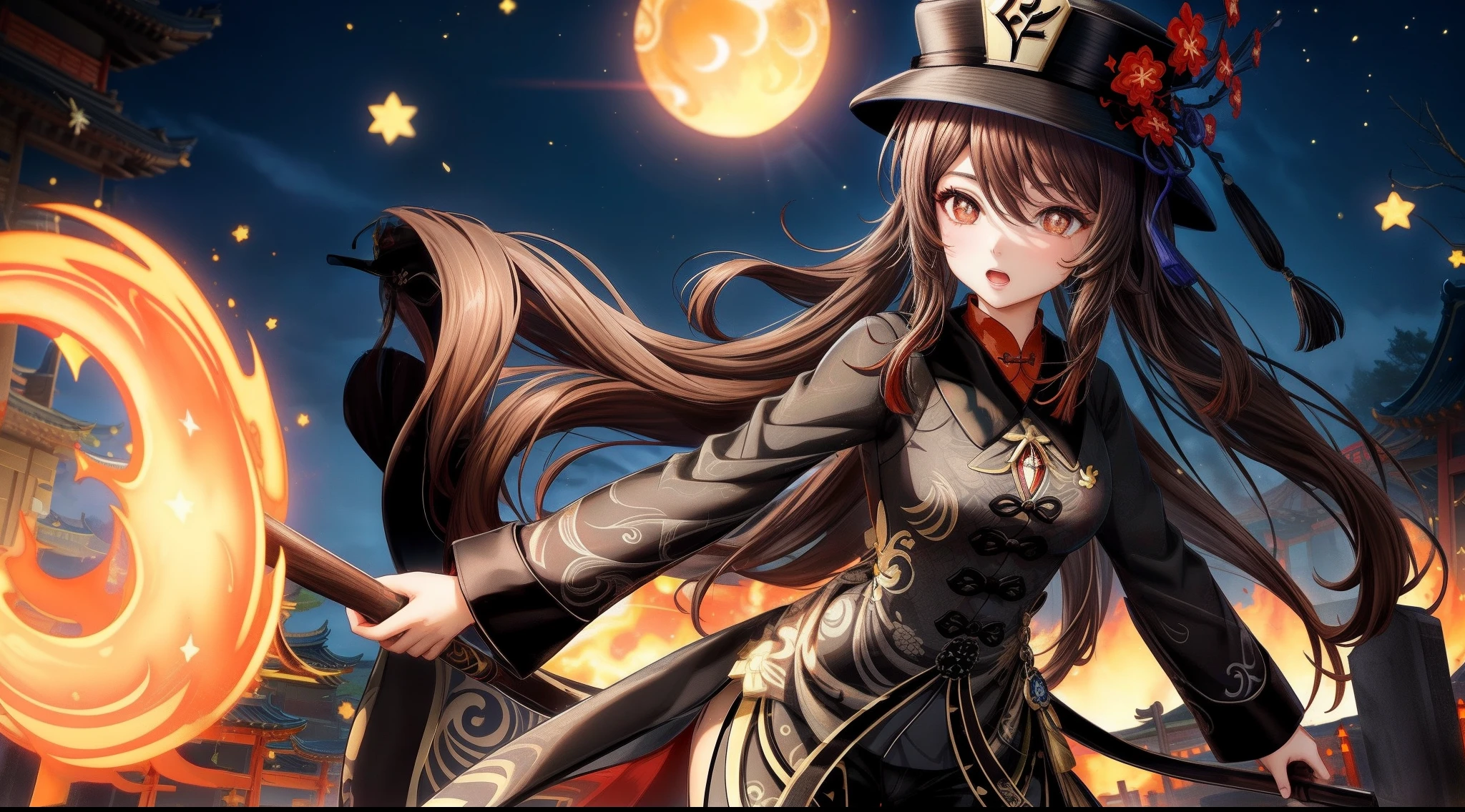 1girl, (hu tao genshin impact), focused upper body, realistic, open mouth, (brown hair and black hat), star shaped pupils, standing pose, (black chinese suit), graveyard background