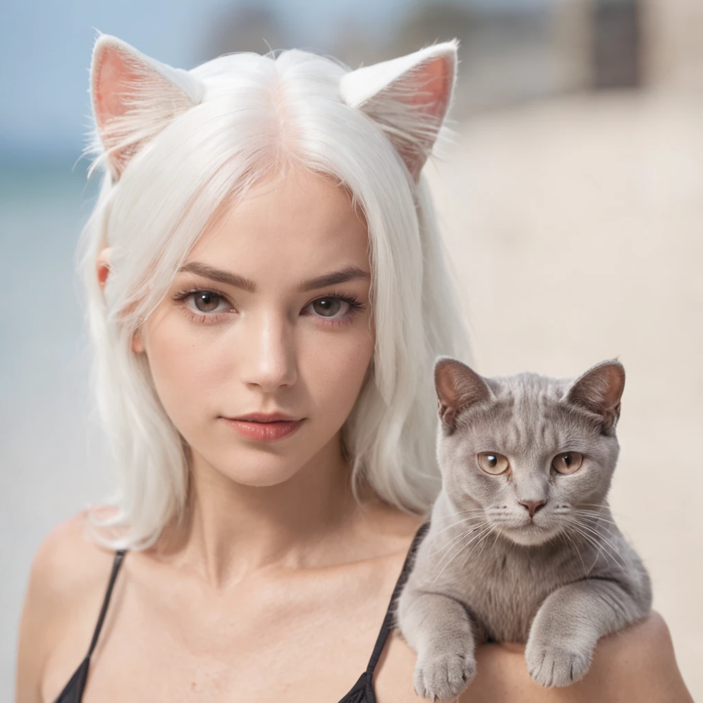White hair swimsuit woman cat ears 