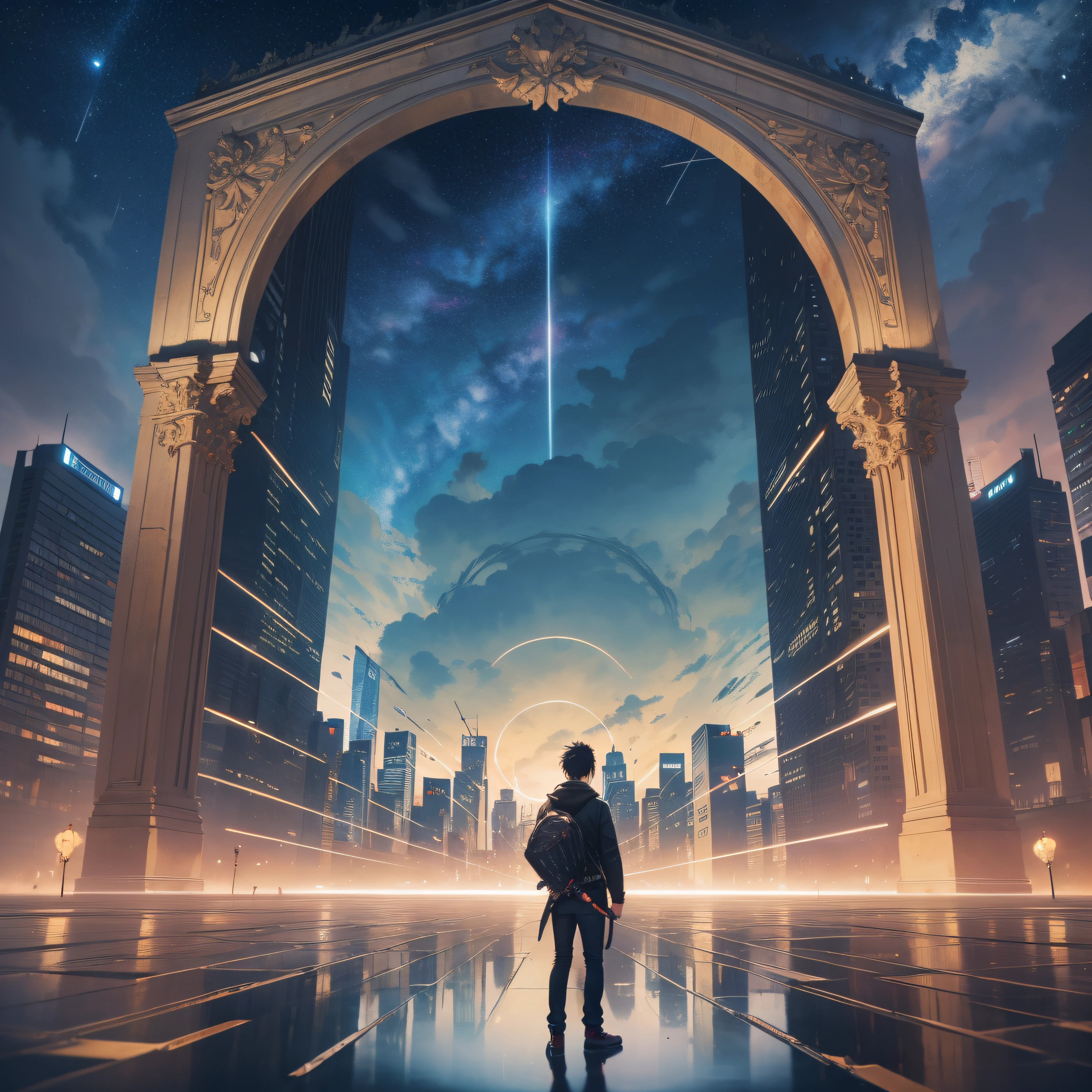 ((Best Quality, 8K, Masterpiece)), landscape, in front of portal, standing young man with black hair, black jeans, look at the stars, amazing scenery, hundreds of stars forming a circle, center of city, futures, bring long sword, the edge of the world, outstanding art, reflection.
