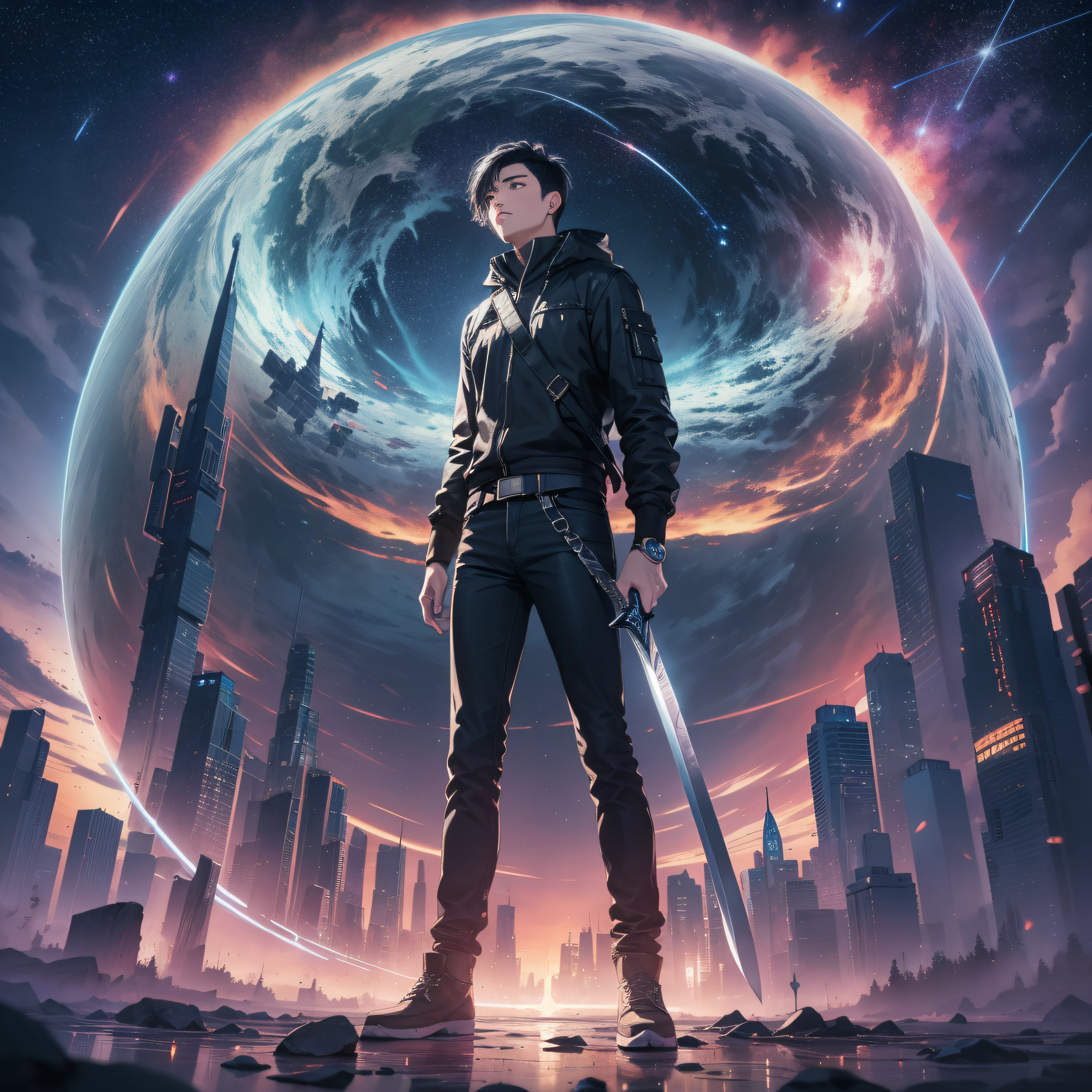 ((Best Quality, 8K, Masterpiece)), landscape, in front of portal, standing young man with black hair, black jeans, look at the stars, amazing scenery, hundreds of stars forming a circle, center of city, futures, bring long sword, the edge of the world, outstanding art, reflection.