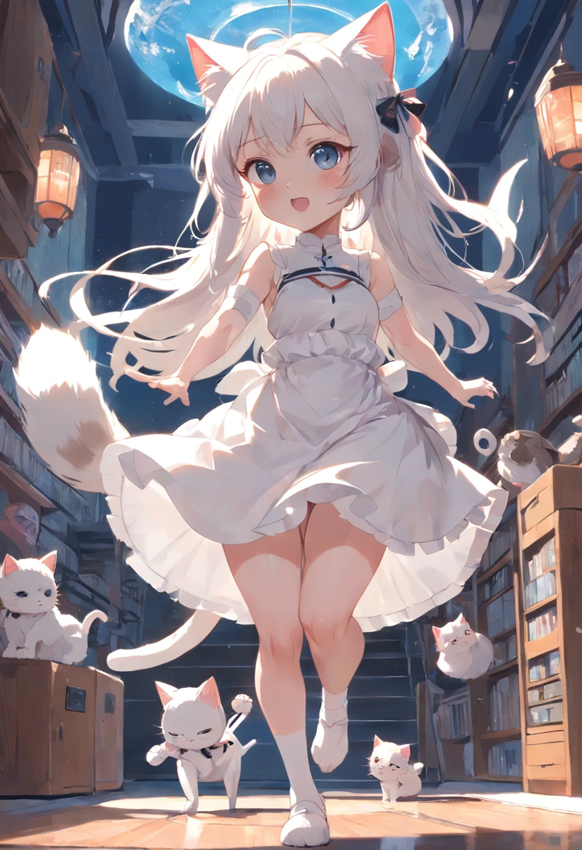 Anime cat-eared girl in white dress, Ride a Roomba，loli in dress,Sleeveless， small curvy loli, artwork in the style of guweiz, guweiz on pixiv artstation, guweiz on artstation pixiv, guweiz, small li girl, soft anime illustration, Anime visuals of cute girls, Detailed Digital Anime Art