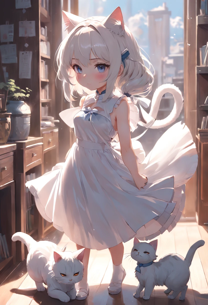 Anime cat-eared girl in white dress, Vacuuming，loli in dress,Sleeveless， small curvy loli, artwork in the style of guweiz, guweiz on pixiv artstation, guweiz on artstation pixiv, guweiz, small loli girl, soft anime illustration, Anime visuals of cute girls, Detailed Digital Anime Art