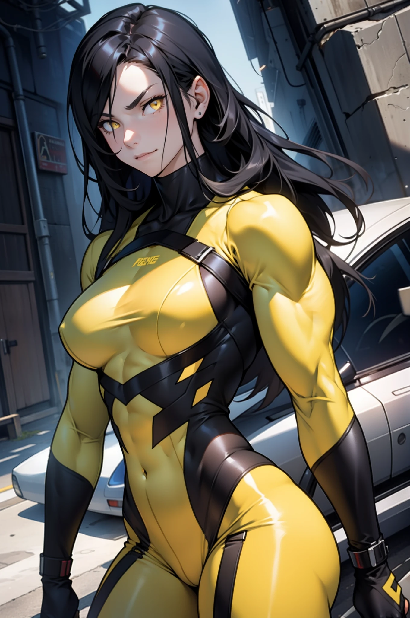 1 girl, black hair, yellow eyes, very long hair, pale skin, curvy, (((extremely muscular))), perky breasts, smug, bodysuit