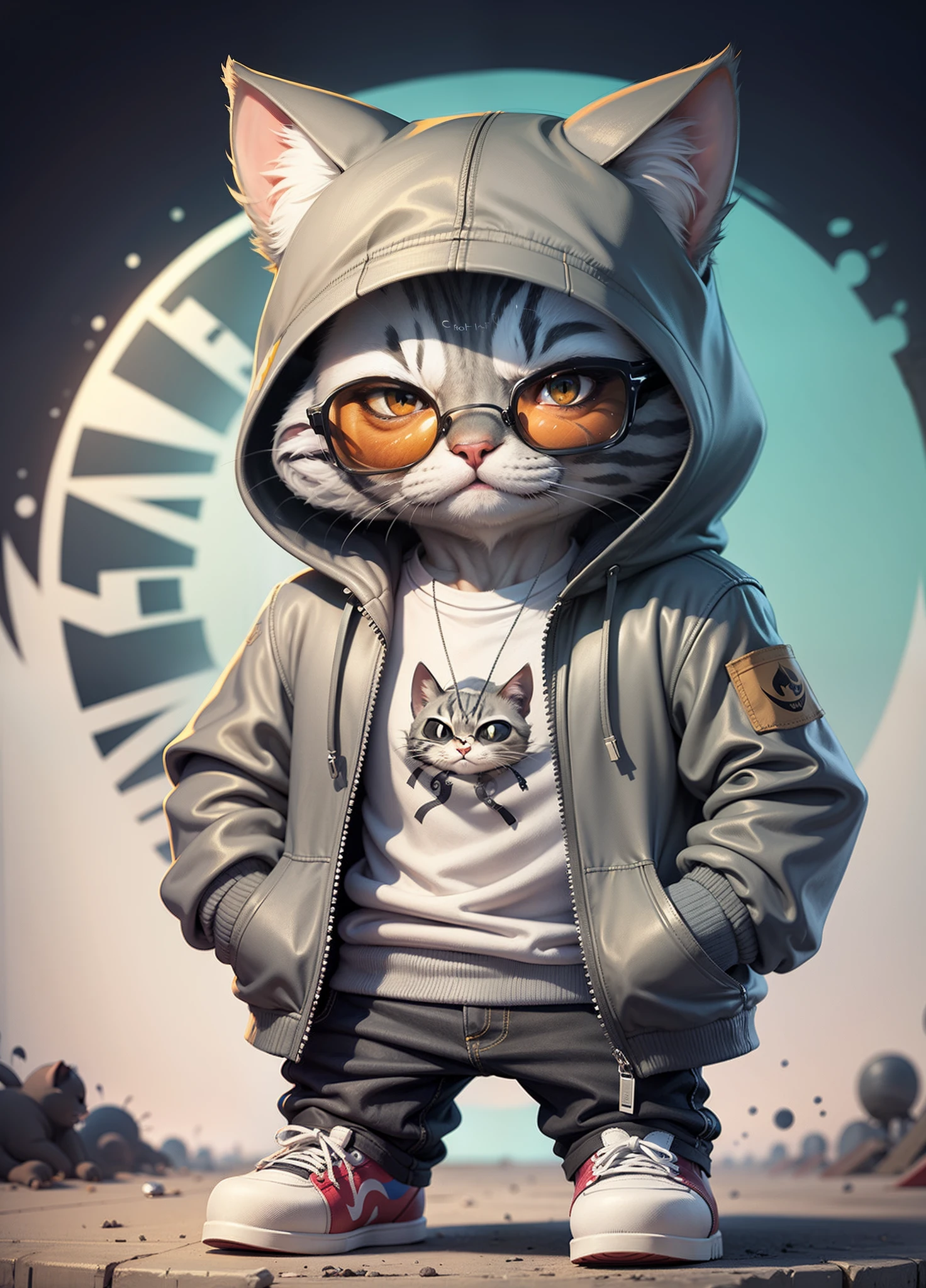 C4tt4stic, Cartoon Kizitra gray cat in jacket and skateboard, Sunglasses,