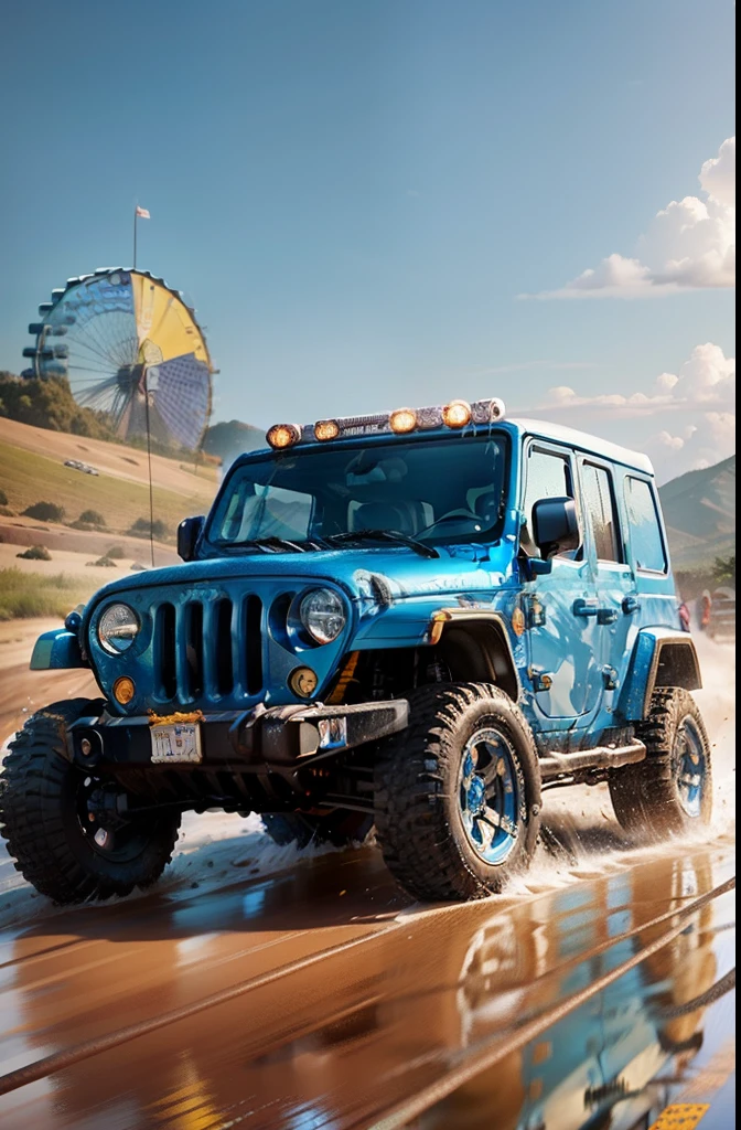blue and yellow jeep, ferris wheels, running on mud road