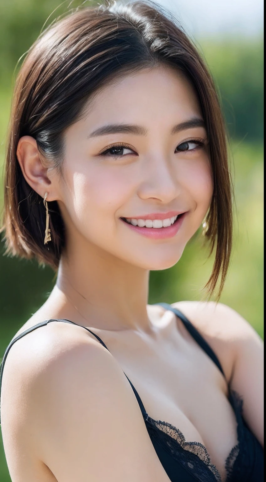 (8k、RAW Photography、top-quality、masuter piece:1.2)、ultra-detailliert、ultra res、(realisitic、rialistic photo:1.37)、portlate、high-definition RAW color photography、Professional Photography、highly detailed and beautiful、ighly detailed、8K wallpapers、amazing detailed、huge filesize、Official Art、Highly detailed CG Unity 8k wallpapers、highly detailed beautiful girl、extra detailed face、extremely detailed eye、highlydetailed skin、extremely detailed fingers、highly detailed nose、very detailed detailed mouth、Perfect Anatomy、细致背景、Detailed clothing、1人、(20:1.2)、in her 20s、Cute litRealistic body、fullnude、teats、小柄、de pele branca、glistning skin、Slim body、handsome body、A dark-haired、short-hair、(bluntbangs: 1.2)、a smile、kawaii、zora々Right、kawaii faces、lifelike face、Delicate eyes、Sauce order、an lingerie、see -through、耳Nipple Ring、Looking at the camera、cowboy shot、front facing、standing athletic pose、Contrapo、动态照明、ultra gigantic tits、cowboy shot