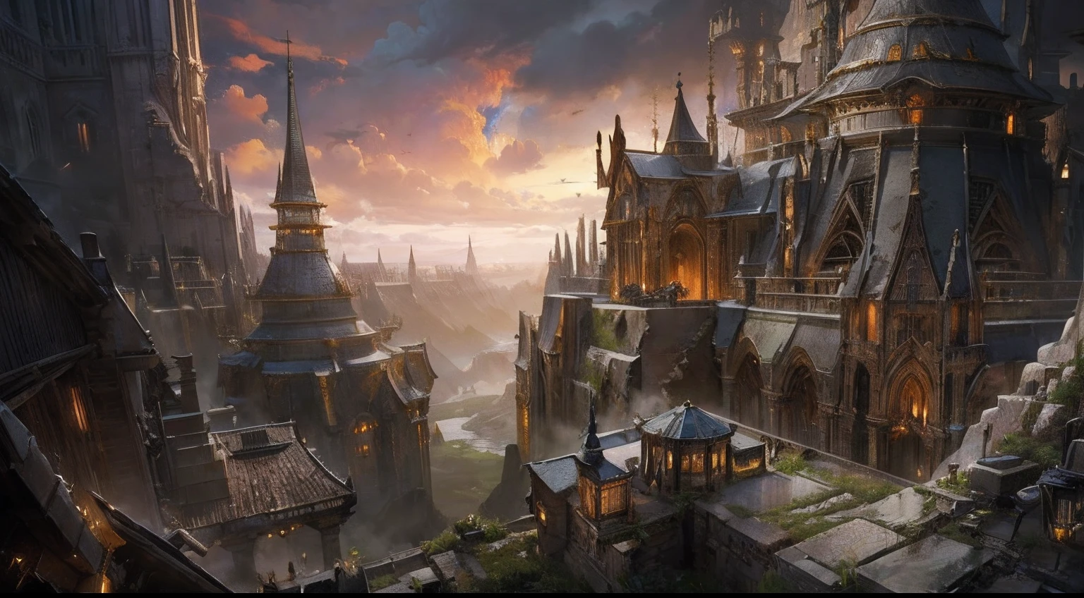 "(by Greg Rutkowski: 1.2), (masterpiece), (best quality), extremely delicate and beautiful, illustration, (fantasy landscape), depth of field, HDR, intricate, delicate, (No human presence), photorealistic depiction, live action feel, creating a visual masterpiece with the best possible quality. (Highlighting the fantastic elements of dwarven city, emphasizing the effects of collapse and severe weathering). Providing a distant view that captures the grandeur and atmosphere."