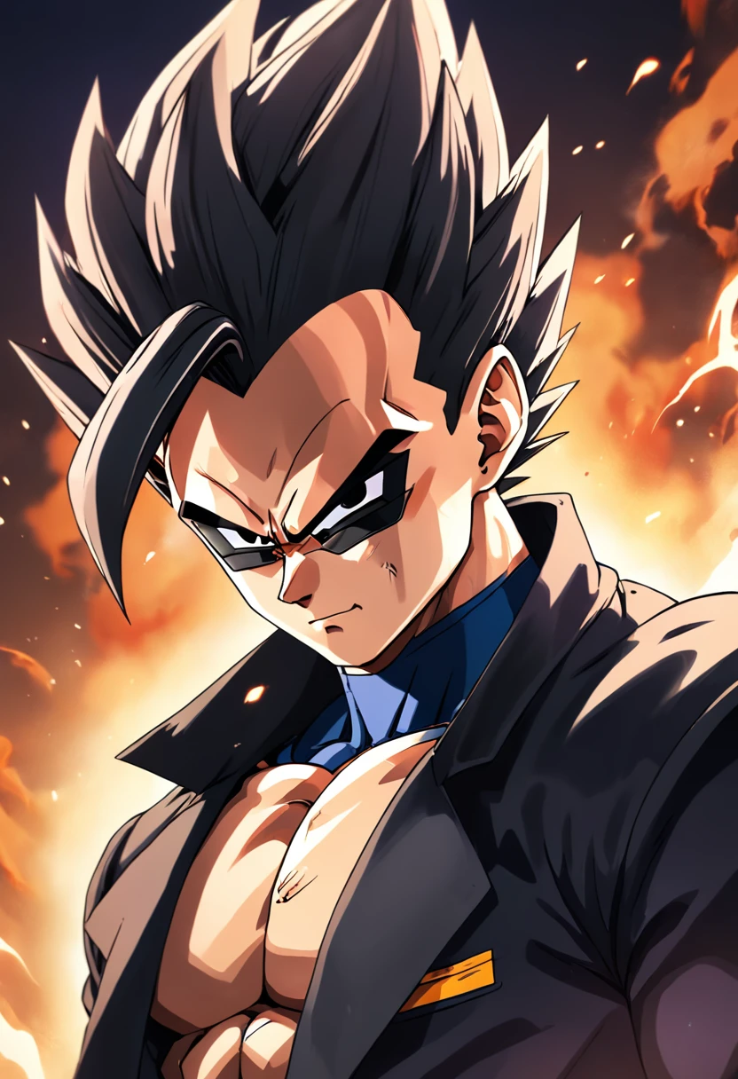"a detailed artwork of Vegeta in a black overcoat wearing sunglasses on his face with a serious expression, Dragon ball z, 4k, 8k, Full HD, corpo inteiro, Estilo de arte de Dragon Ball, estilo de desenho hiper-realista, arte de anime limpa e detalhada, Dynamic background."