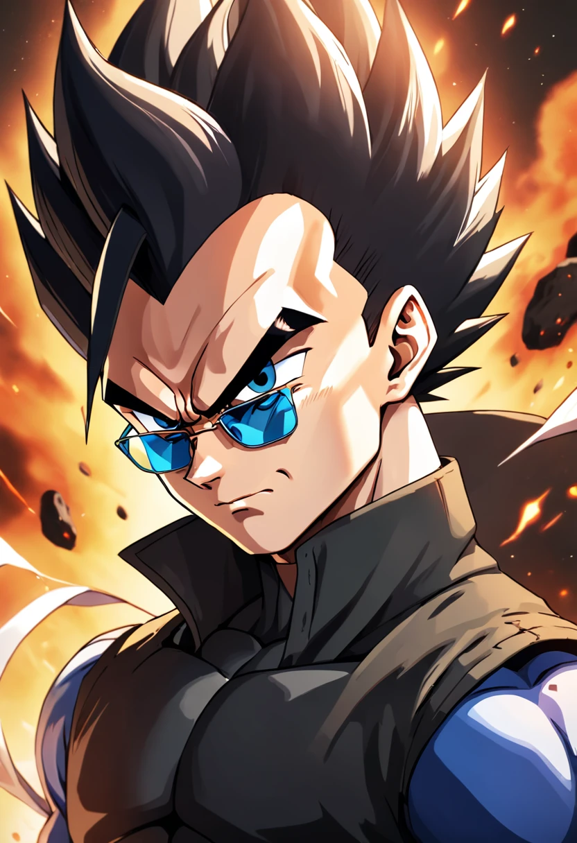 "a detailed artwork of Vegeta in a black overcoat wearing sunglasses on his face with a serious expression, Dragon ball z, 4k, 8k, Full HD, corpo inteiro, Estilo de arte de Dragon Ball, estilo de desenho hiper-realista, arte de anime limpa e detalhada, Dynamic background."