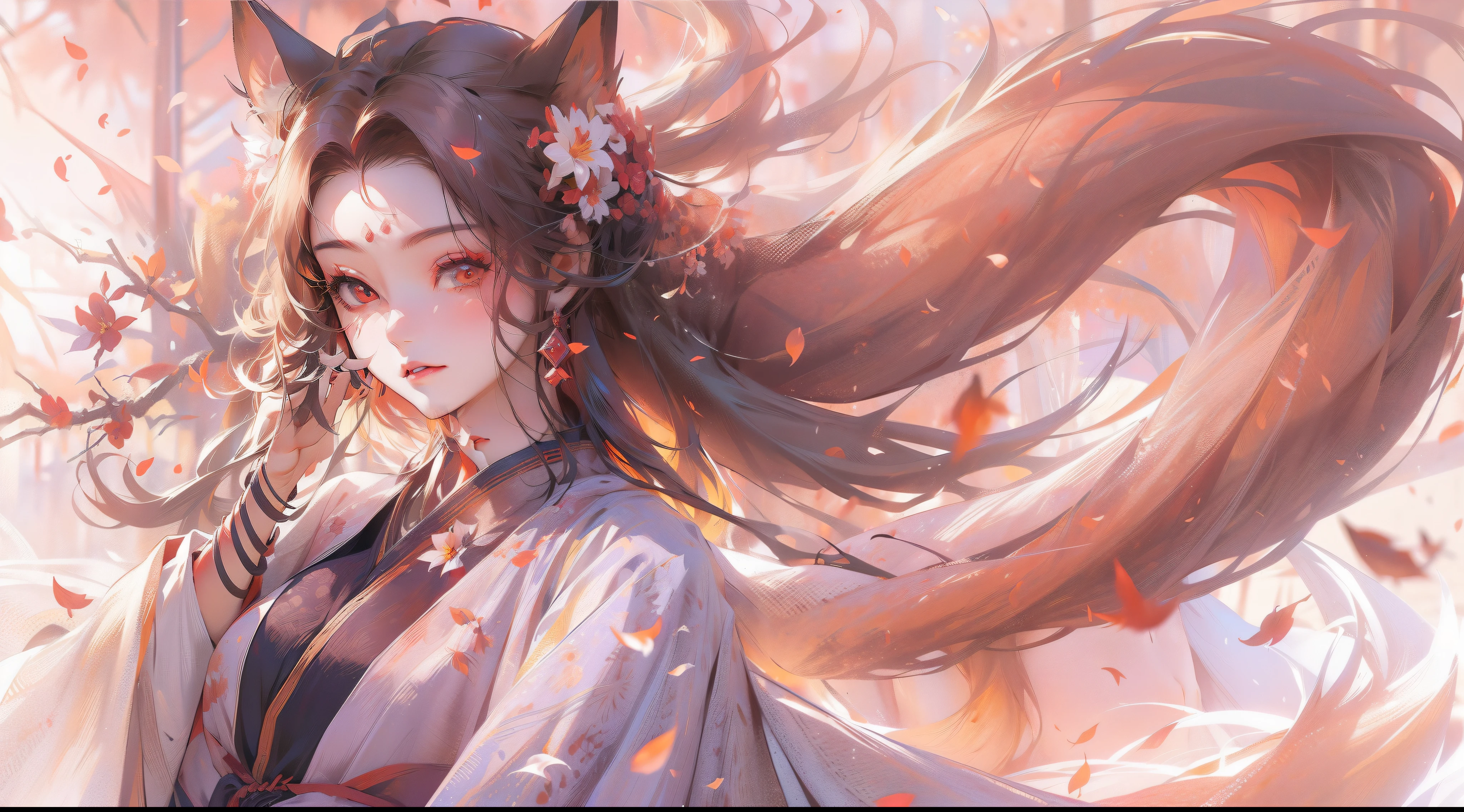 "(Nine-tailed fox demon:1.2+the cherry trees:1.1)+(1female,Petals fall on the hair)"