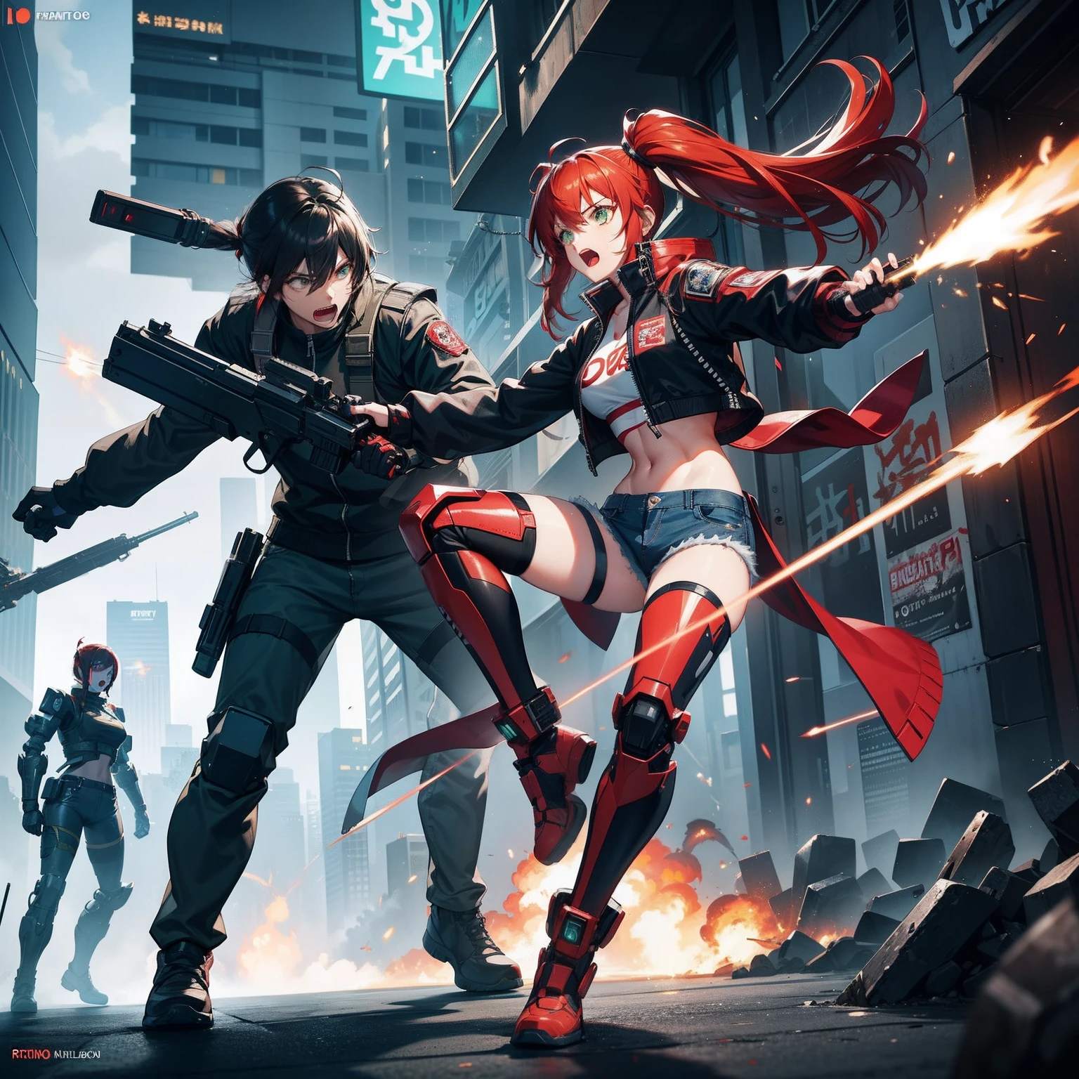 Full body shot, female asian Irina Shidou red hair twintails green eyes, in a cyberpunk city, wearing a bomber jacket and crop top and denim shorts, fighting a humanoid robot android with metal chrome exterior, holding a big machine gun, holding a long laser rifle, shooting laser rifle, shooting lasers up at the sky, missile strike, rocket launch, rapid fire, explosions, hand to hand combat, fighting, round house kick, jumping kick, guns flaring, punch face, open mouth, screaming, frontal shot, side shot, rear shot, back shot, behind shot, masterpiece, highly detailed