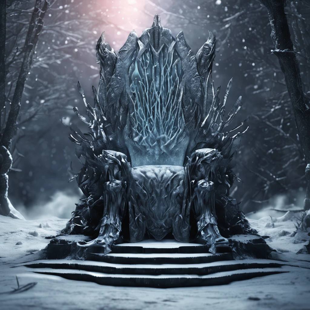 Best quality, Masterpiece, god of frost sit on his throne, magnificent pallace, snow land, high resolution, (photograph realistic:1.4), surrealism, Dream-like,fusionart, Shadowdancer, shadow magic, darkness control, stealth, shadowstep, umbral spells, hidden blade,