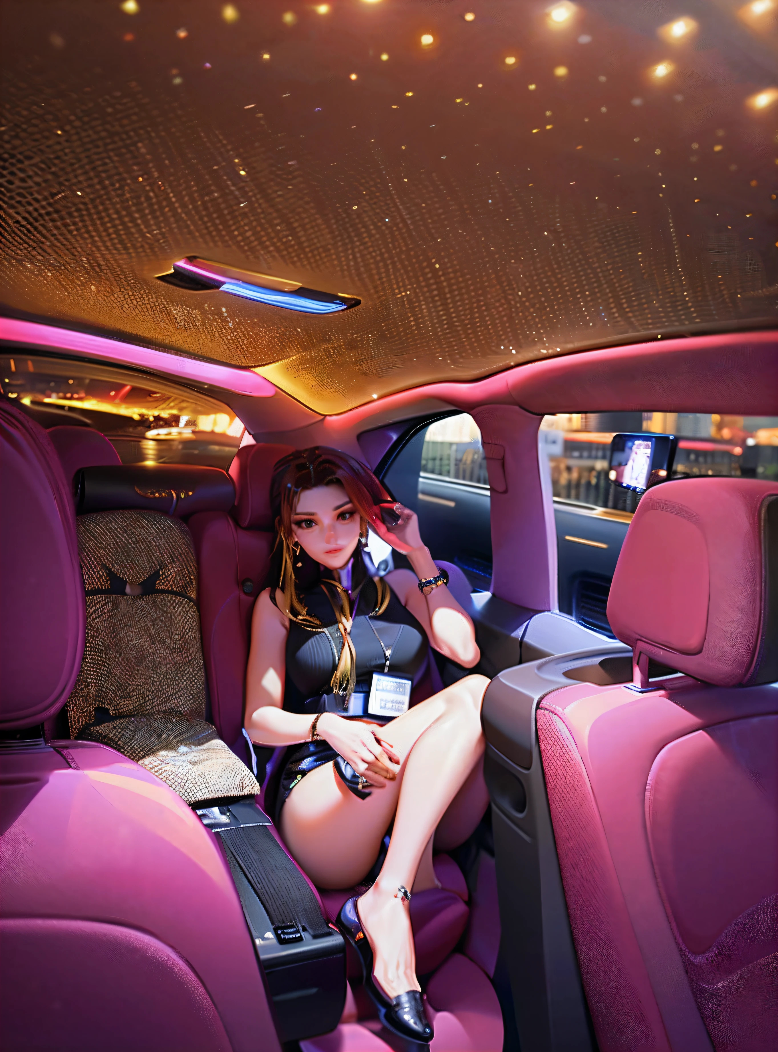 There was a woman sitting in the back seat of a car talking on the phone, sits in her car, LuxuryLifestyle, zmonzheng, Luxurious, luxurious environment, luxury advertisement, luxury goods, Celebrity, luxury and elite, Extremely quality, top down angle, Gorgeous lady, xintong chen, F 1 1, ellegance, F11