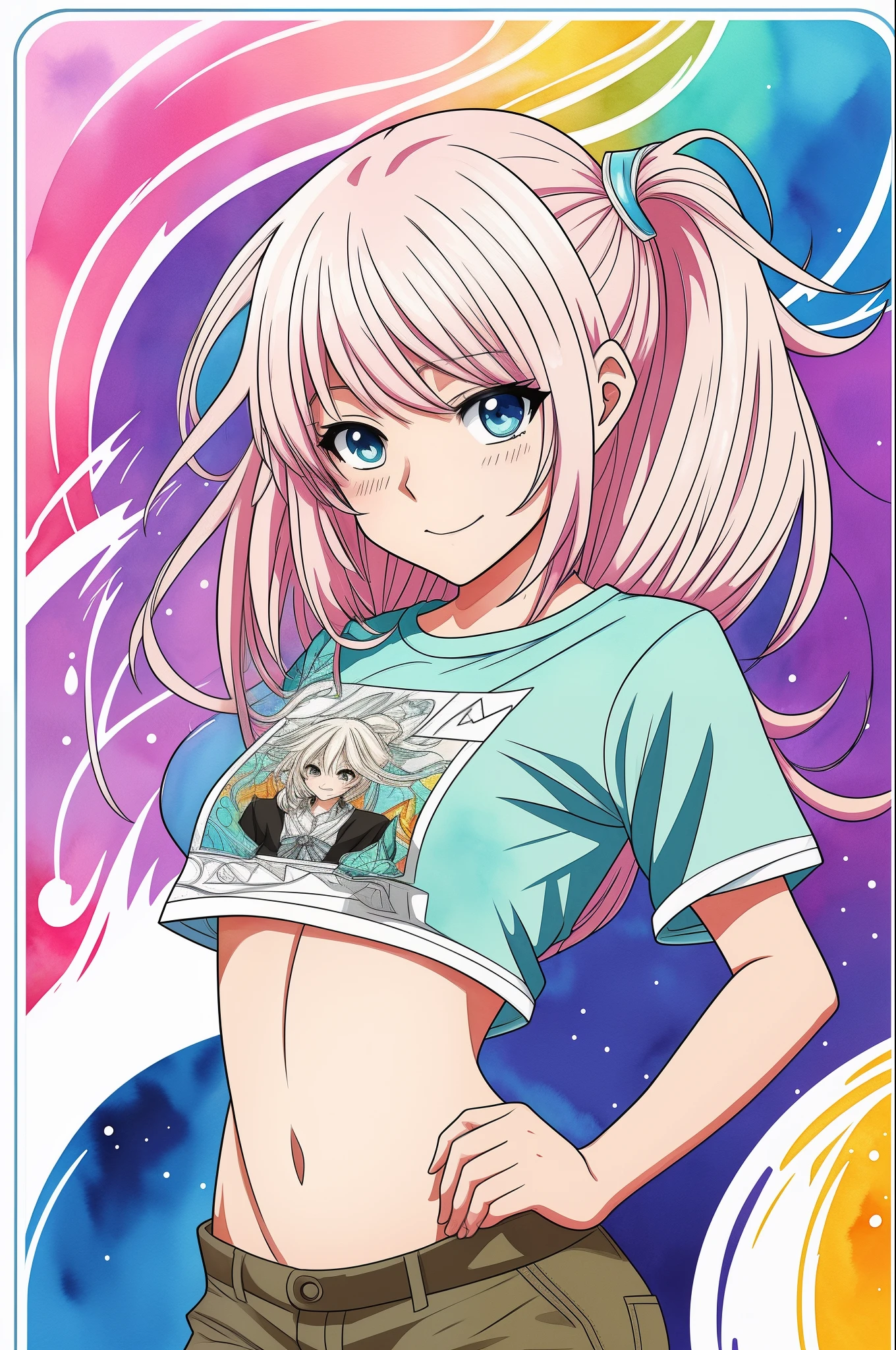 anime style woman with saint, face expressing pleasure short clothes, symmetrical body face expressions, random coloring, 2D, planar vector, character design, T-shirt design, colorful splashes, vector art, fantasy art, watercolor effect,digital painting, white bg, 8K --auto --s2