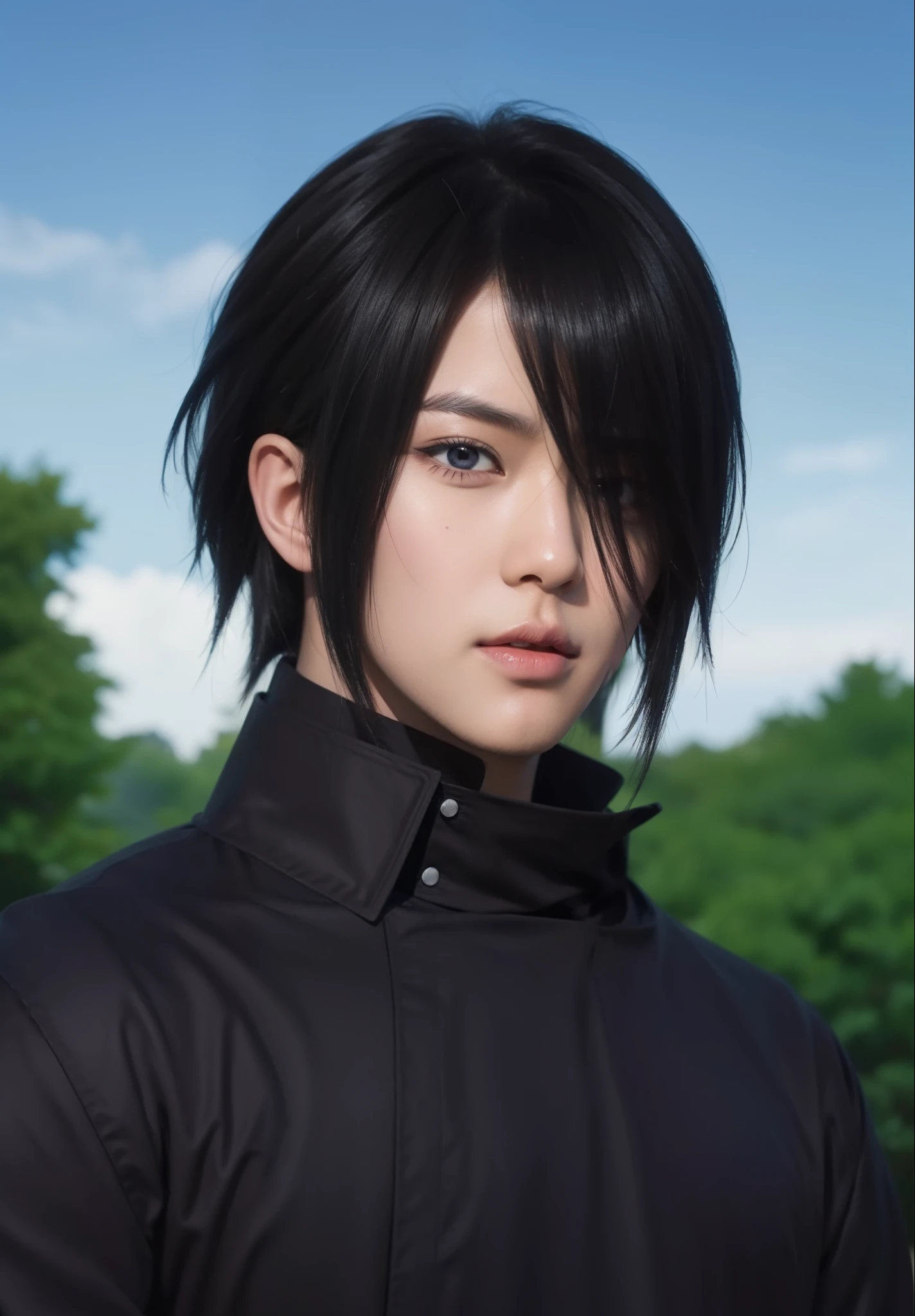 real Life adaption of this character,his name is Sasuke uchiha from anime naruto ,hyper realistic,detail realistic hairstyle ,(1 eye covered by hair), high resolution, photorealistic,very detailed,realistic outfit Black robe ,((korean man handsome)) ,detailed realistic shining eyes,(photorealistic:1.4),(realism:1.6),(realistic skin),,realistic light,realistic shadow,sharpen, (collar),(cool expression),(realistic:1.2)