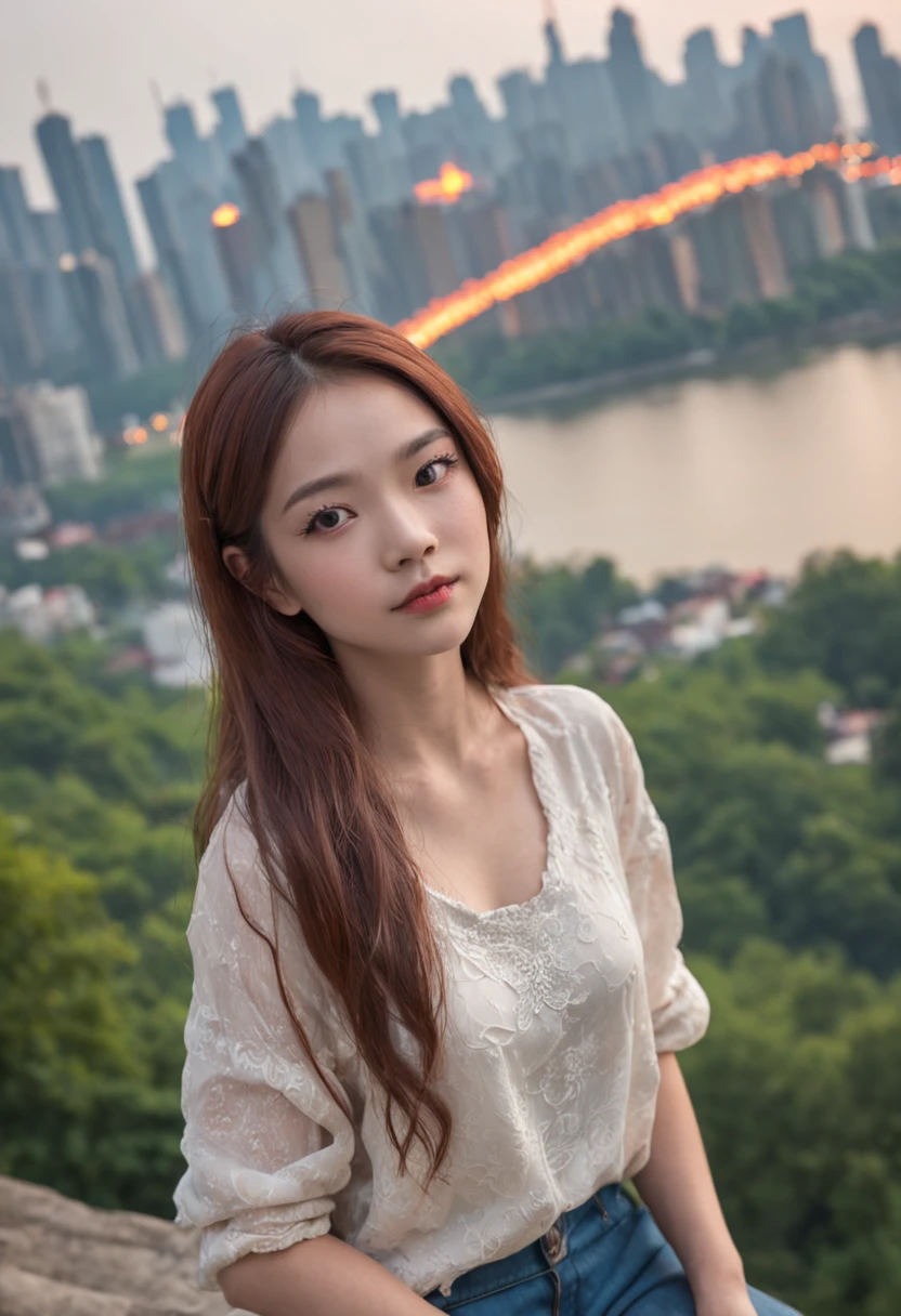 (Beautiful skyline,Magnificent sky),(Intense and dramatic imagery,the moving visual effects),(the high-hanging Polaris,Colorful natural light),(An 18 year old beautiful girl in Chongqing, China,Half-stature),(wearing casual,with a backpack),((Canadian orange maple leaf mountains in the background))