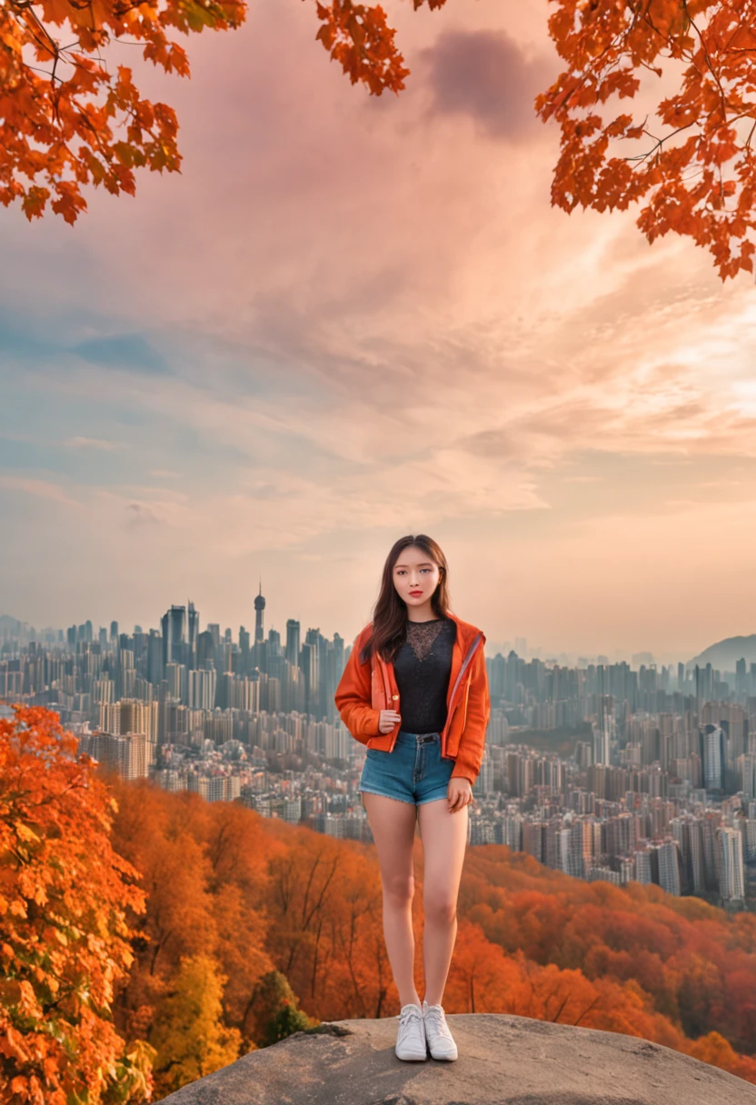 (Beautiful skyline,Magnificent sky),(Intense and dramatic imagery,the moving visual effects),(the high-hanging Polaris,Colorful natural light),（An 18 year old beautiful girl in Chongqing, China，Half-stature），（wearing casual，with a backpack），（（Canadian orange maple leaf mountains in the background））