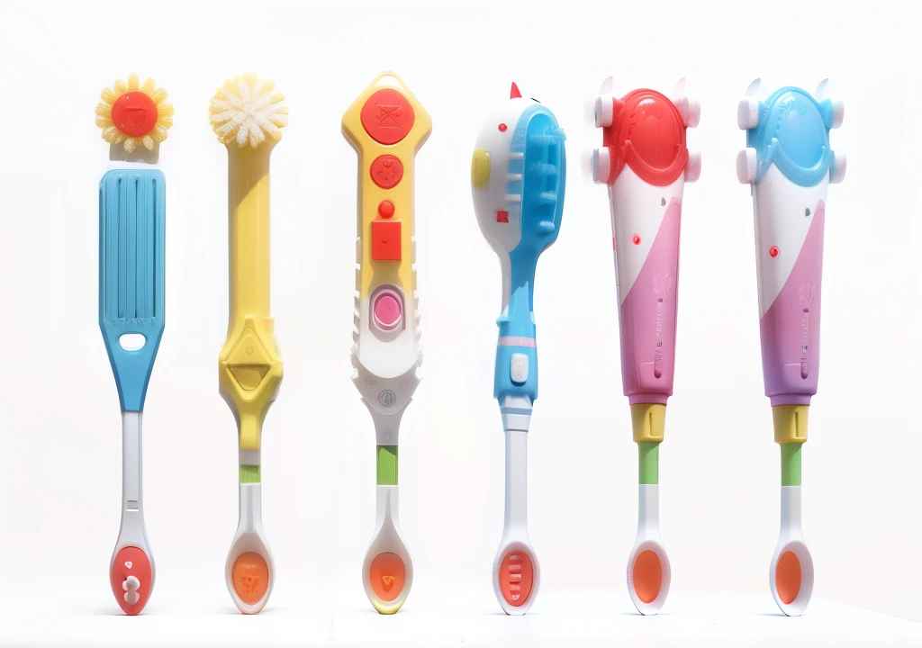 Children's toothbrush design,Cute cartoon shape,Two-color injection mold process,Red Dot Design,Front view,photorealestic,3d,Fashionab,hyper HD,high detal,Photorealistic rendering,high key lighting,white backgrounid