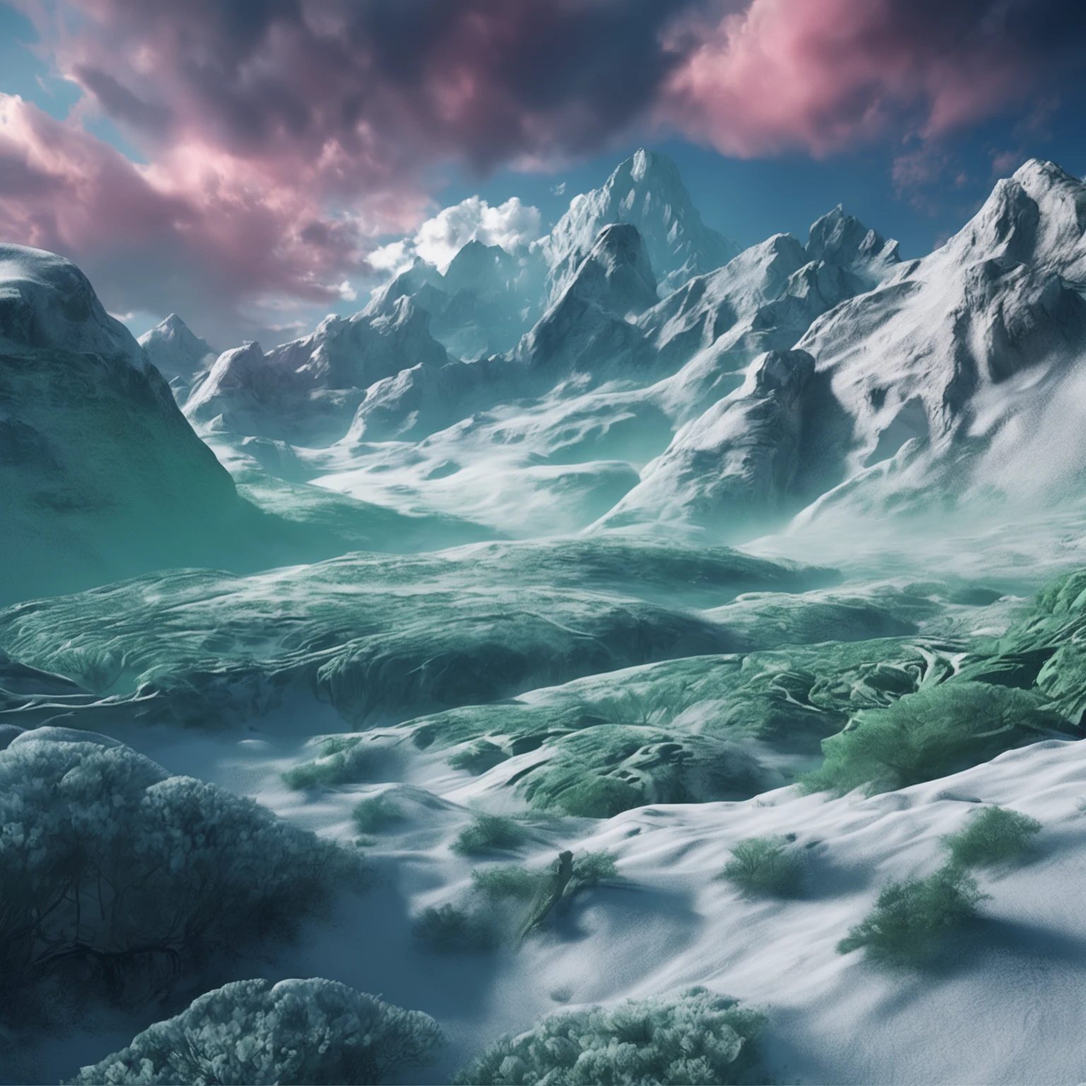 Best quality, Masterpiece, green oasis in snow land, high snow mountains, high resolution, (photograph realistic:1.4), surrealism, Dream-like,fusionart, Shadowdancer, shadow magic, darkness control, stealth, shadowstep, umbral spells, hidden blade,