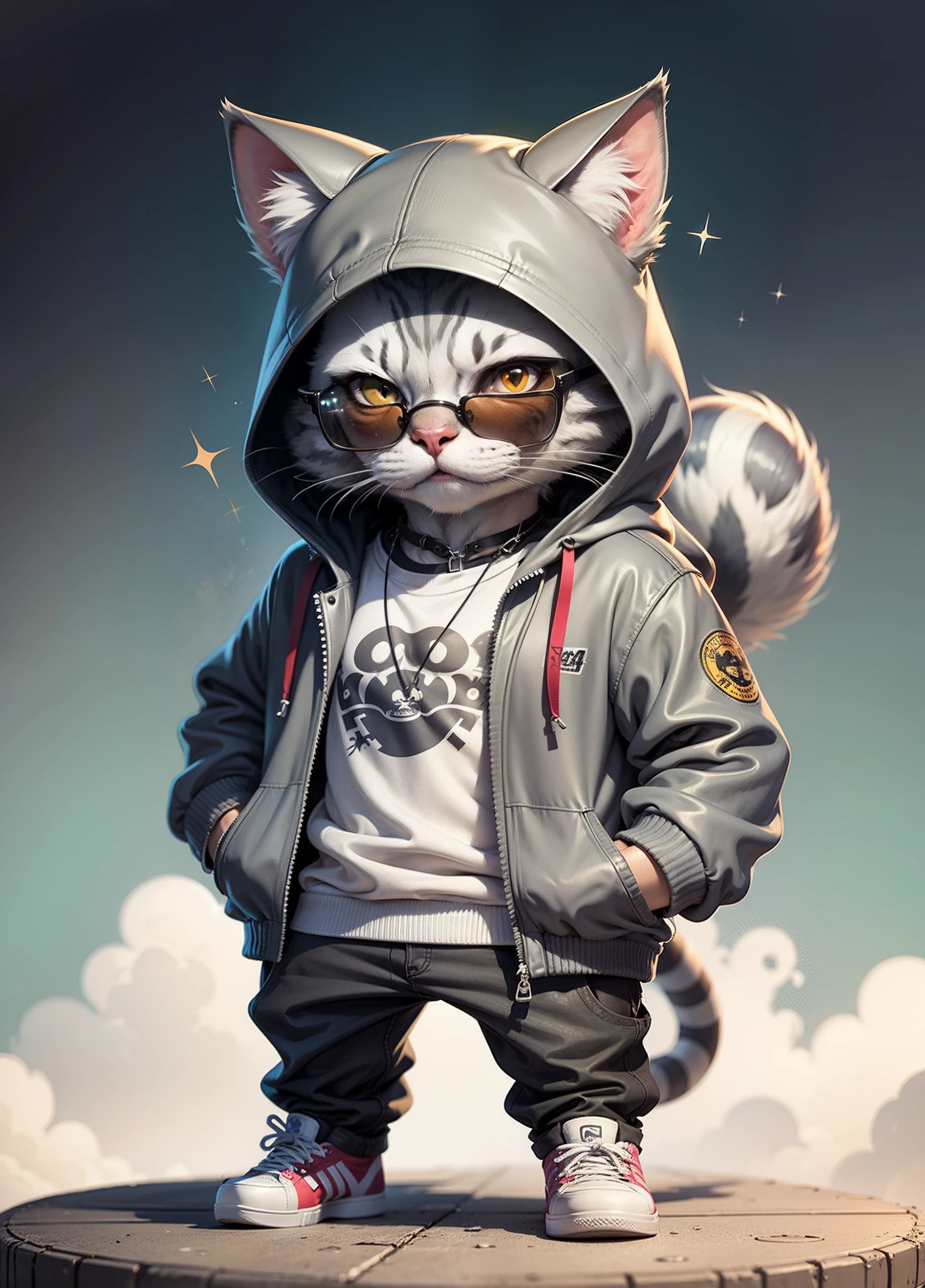 C4tt4stic, Cartoon Kizitra gray cat in jacket and skateboard, Sunglasses,
