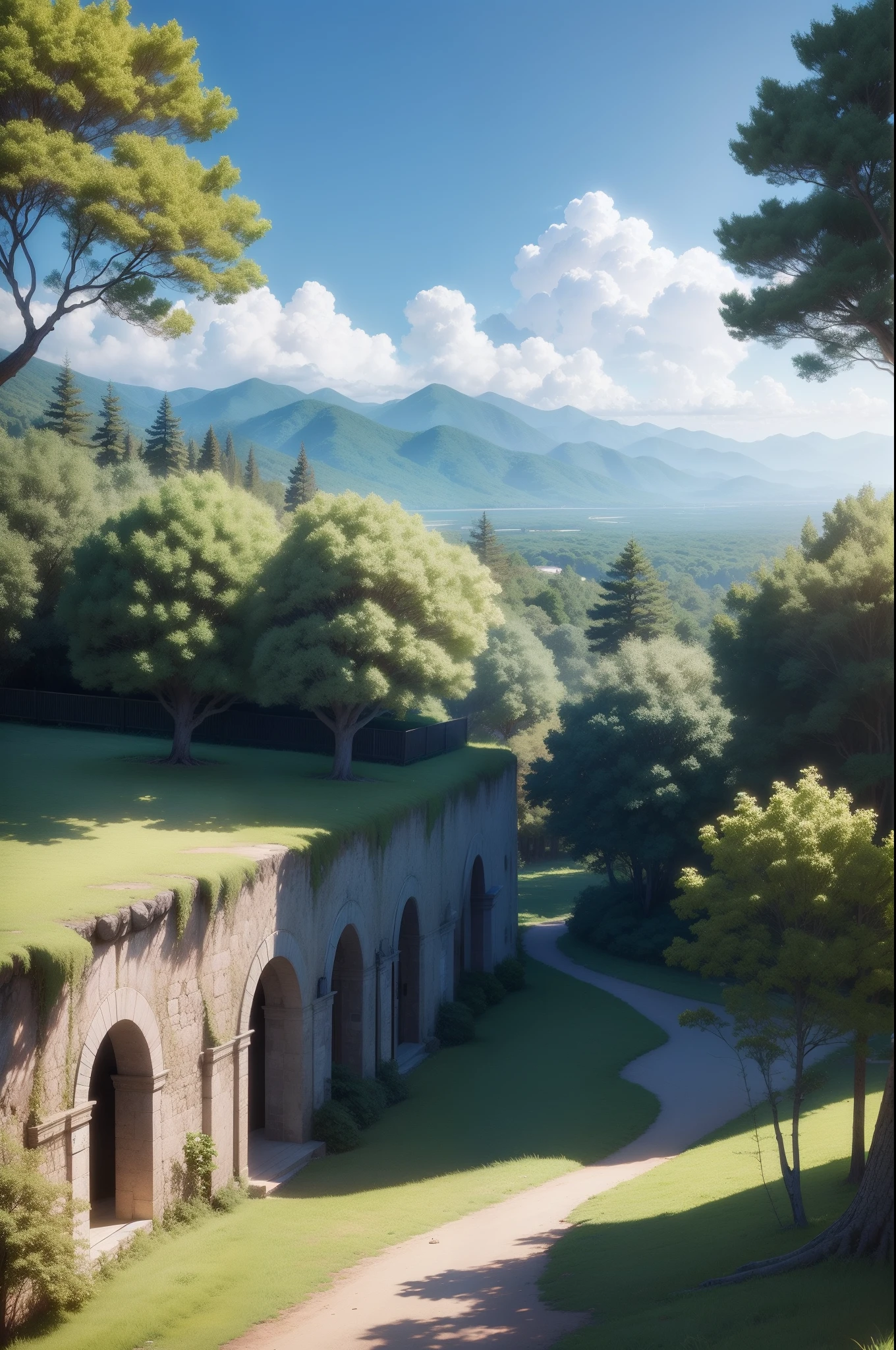 Create a fictional anime setting with trees, nuvens, montanhas background, relaxante, calmo, tranquilo