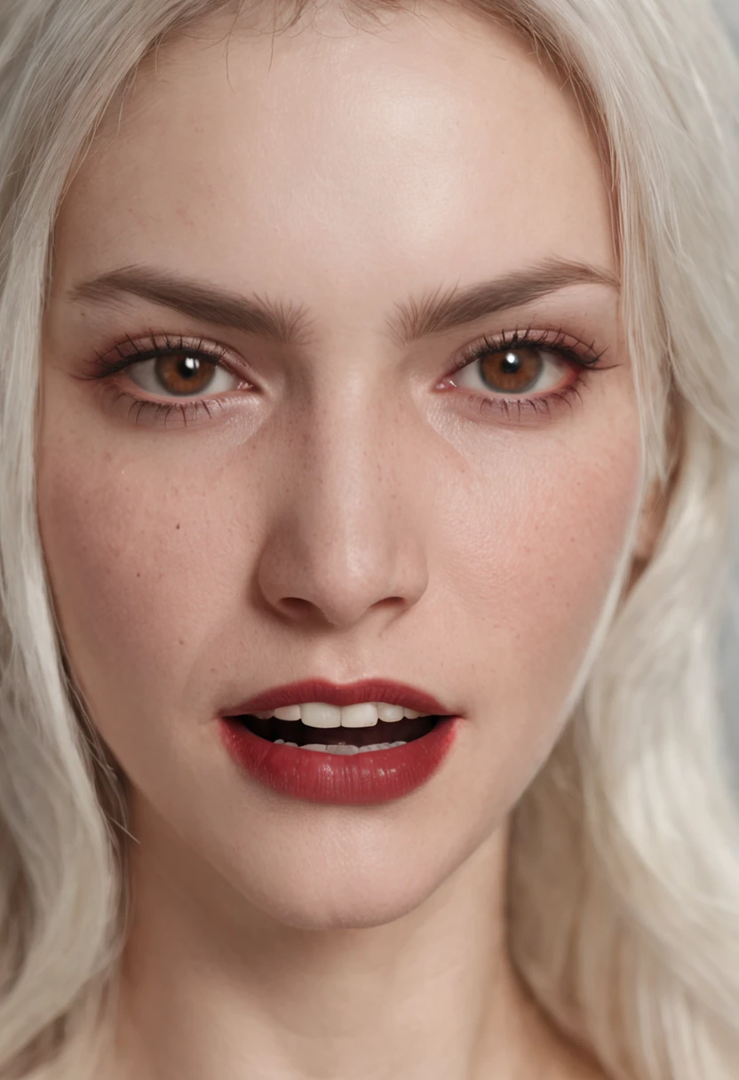 of a real,Hyper-realistic,Realistic skin texture,Close-up,Handsome vampire ager,(women people:1.4),closeup cleavage,head portrait,Open your mouth,the bats,long canine teeth,There is blood on the teeth,long whitr hair,(blood stains at the corners of the mouth:1.4),Blood,depth of fields,dynamic blur,high light,Real light,Ray traching,oc rendered,Hyper-realistic,best qualtiy,8K,Works of masters,super-fine,Detailed pubic hair,Correct anatomy,sharp focus on eyes,Bokeh,Facial features are carefully depicted