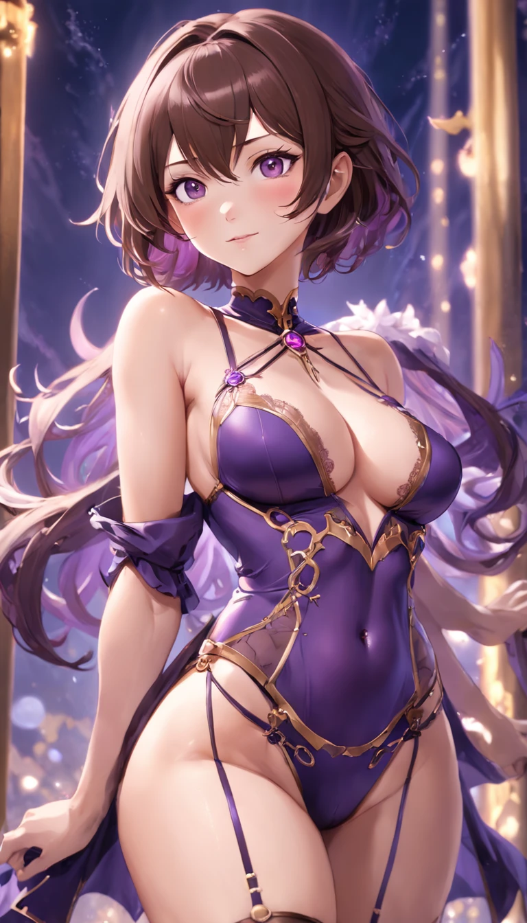 sexual. Stunning magica fantasy full body portrait of a busty woman in dark purple racy sexy lingerie, wearing a garter belt, age 27, plunging neckline highlighting feminine features, slender body, small ears, Brown Hair, Short Wavy Hair, Smiling Happily, Dynamic Pose, Ticker, Fantasy, Extreme Detail, 4Kde, Ultra HD, Trending on ArtStation, Polished, Radiant, Vibrant, Background Lighting, (8Kdende UltraHD), Unreal Engine 5 portions, intricately detailed, 3D vray detailed