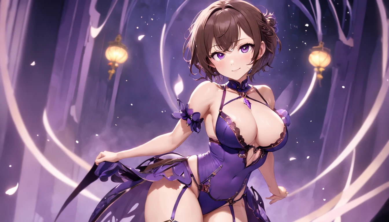 sexual. Stunning magica fantasy full body portrait of a busty woman in dark purple racy sexy lingerie, wearing a garter belt, age 27, plunging neckline highlighting feminine features, slender body, small ears, Brown Hair, Short Wavy Hair, Smiling Happily, Dynamic Pose, Ticker, Fantasy, Extreme Detail, 4Kde, Ultra HD, Trending on ArtStation, Polished, Radiant, Vibrant, Background Lighting, (8Kdende UltraHD), Unreal Engine 5 portions, intricately detailed, 3D vray detailed