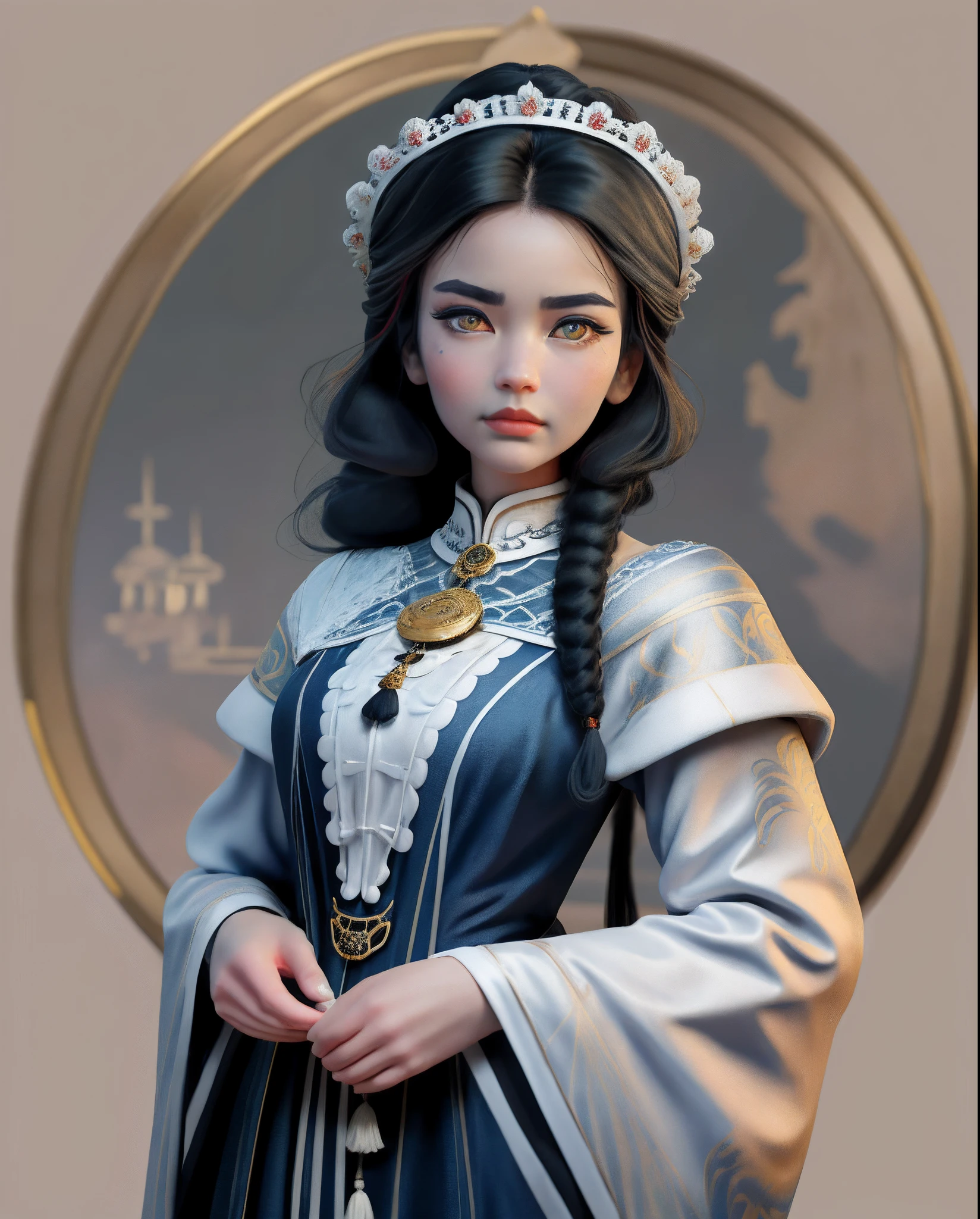 Guviz-style artwork，tmasterpiece，Victorian，The background color is dull and sacred，She has black hair，dark strong blue eye，White skin of the，Arrogant and cold personality，Beautiful and generous，It is a mixture of East and West，Wear dark fancy costumes at banquets，Elegant young woman