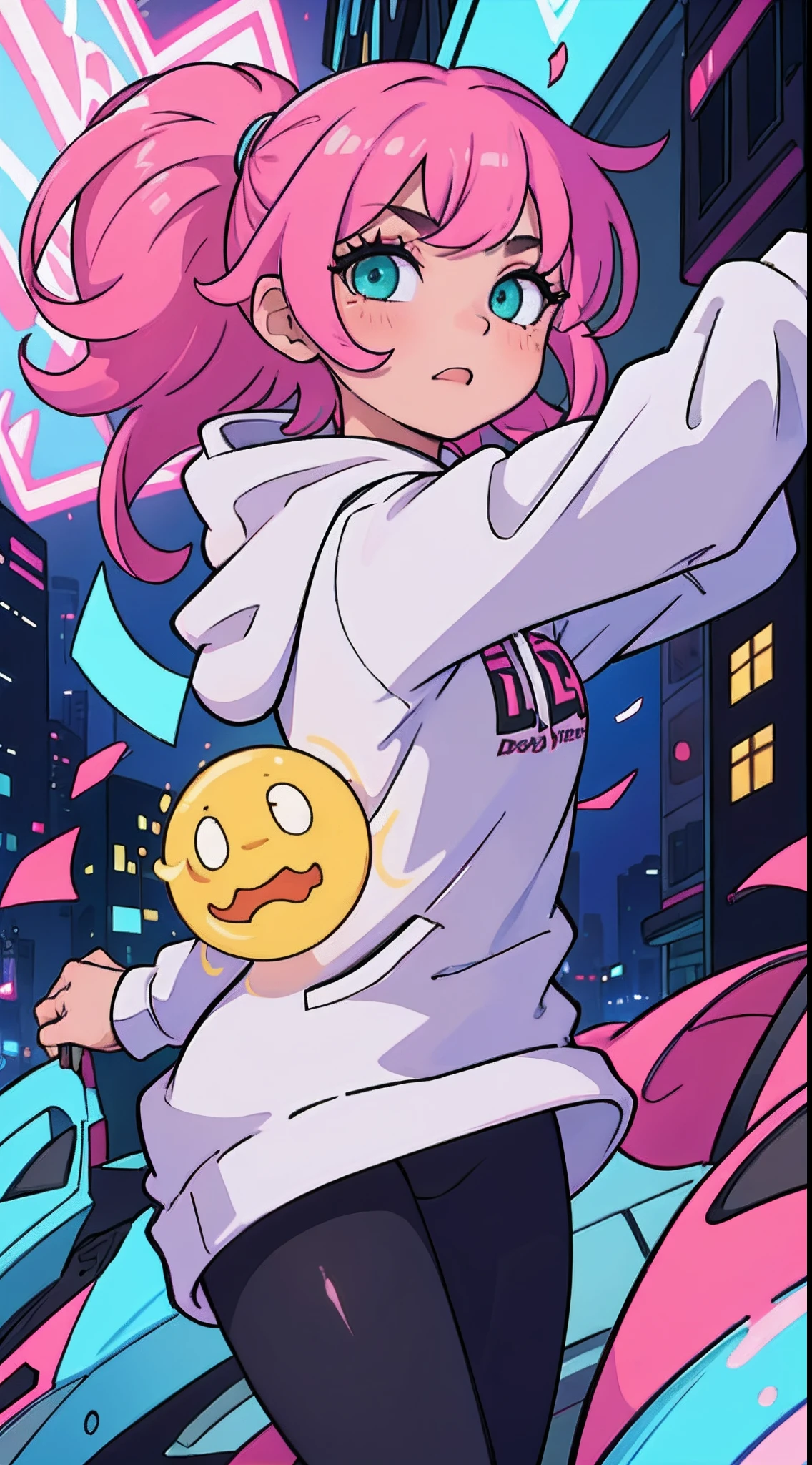 girl, (Masterpiece), (best anatomy), highres, ultra-detailed, dynamic lighting, dynamic colors, best background, best pose, beautiful, dreamy, dream girl, smooth skin, shiny skin, girl, Model, model pose, cute, hot, short bright pink hair, big neon green eyes, wide eyes, in the city, hoodie, black leggings, cute face, young face, teenager, oversized hoodie,