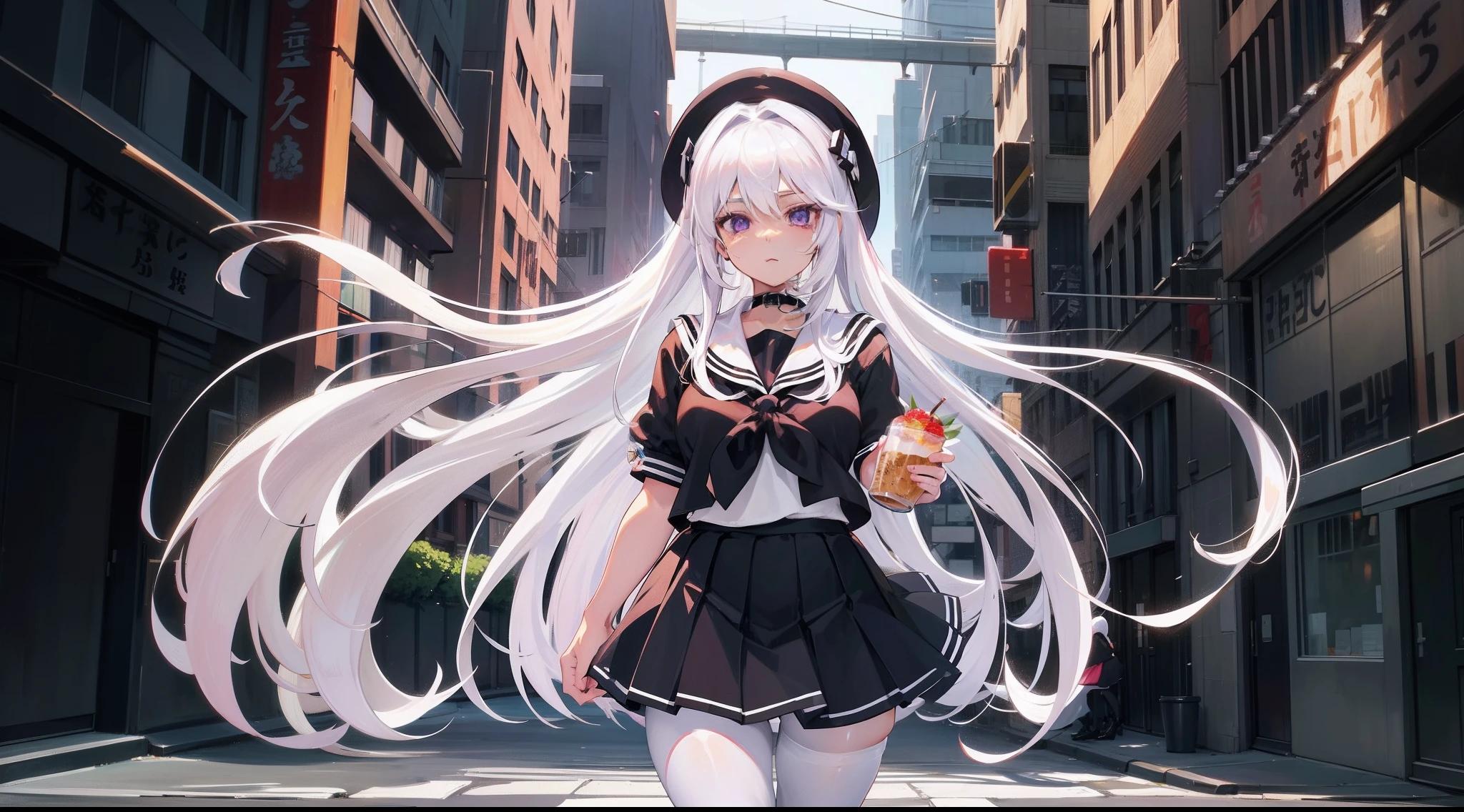 Long white hair, Deep purple eyes, Black pleated skirt,Inside was a white sailor suit,Wearing black pantyhose, Plump body, An anime character, Only one person,Drinking brown drinks on the street