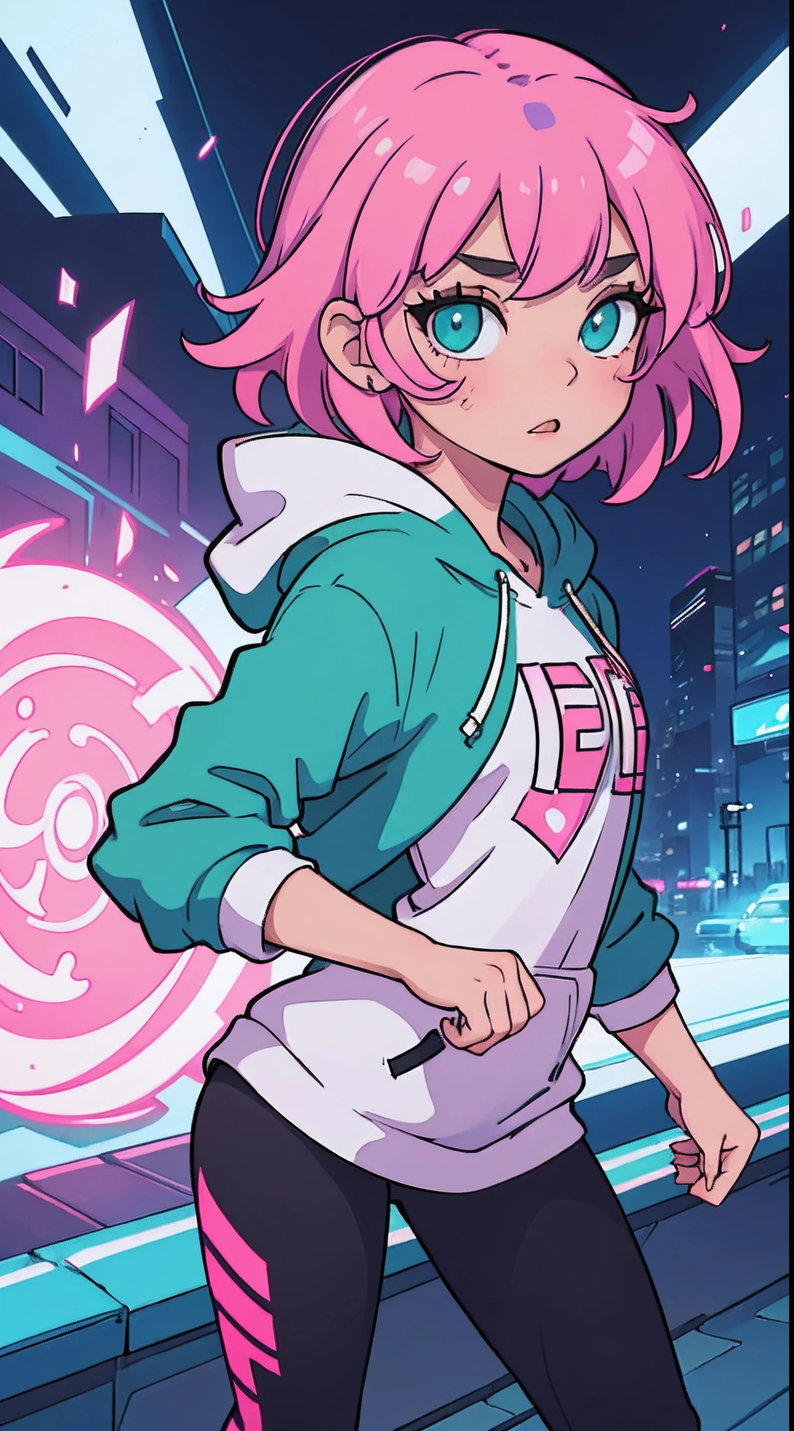 girl, (Masterpiece), (best anatomy), highres, ultra-detailed, dynamic lighting, dynamic colors, best background, best pose, beautiful, dreamy, dream girl, smooth skin, shiny skin, girl, Model, model pose, cute, hot, short bright pink hair, big neon green eyes, wide eyes, in the city, hoodie, black leggings, cute face, young face, teenager, oversized hoodie,