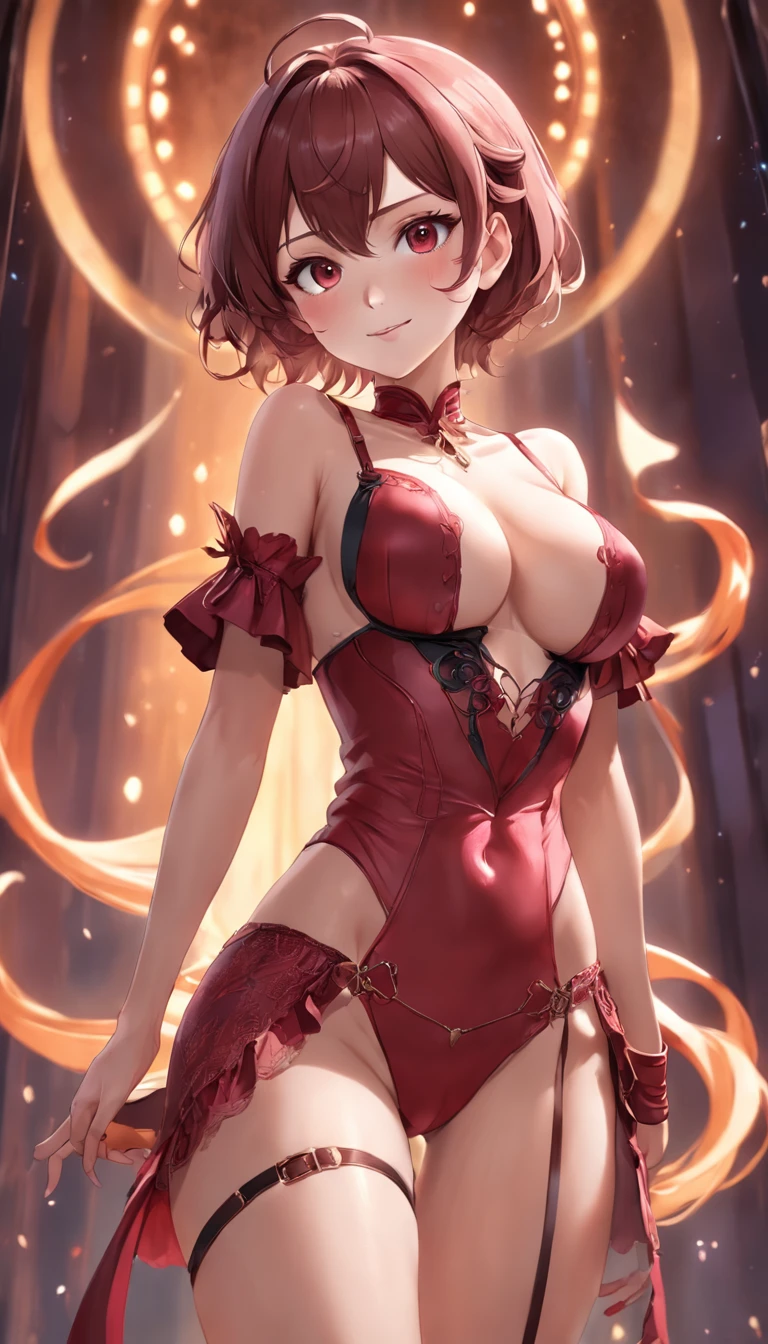sexual. Stunning magica fantasy full body portrait of a busty woman in dark red racy sexy lingerie, wearing a garter belt, age 27, plunging neckline highlighting feminine features, slender body, small ears, Brown Hair, Short Wavy Hair, Smiling Happily, Dynamic Pose, Ticker, Fantasy, Extreme Detail, 4Kde, Ultra HD, Trending on ArtStation, Polished, Radiant, Vibrant, Background Lighting, (8Kdende UltraHD), Unreal Engine 5 portions, intricately detailed, 3D vray detailed